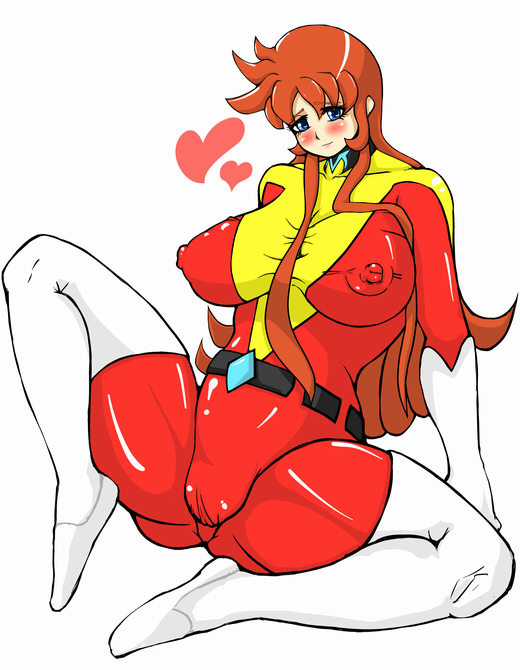 1girls artist_request belt blue_eyes blush bodysuit boots breasts cameltoe curvaceous erect_nipples female gloves heart light-skinned_female light_skin long_hair maria_grace_fleed mazinger pilot_suit red_hair sitting smile suit thick_thighs ufo_robo_grendizer wide_hips