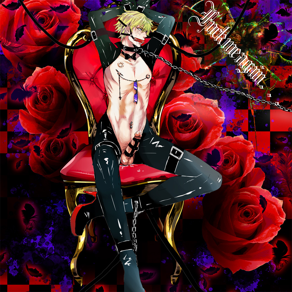 blonde_hair bondage bound_ankles bound_penis bound_wrists bow_tie bowtie character_request checkered_background cock_and_ball_torture collar color durarara!! elbow_gloves erection eyewear fetish fetish_wear gag gloves hair heiwajima_shizuo human leash leather male male_only navel_piercing navel_ring nipple_ring nipple_rings nipples opera_gloves penis piercing slave solo source_request sunglasses tear torture