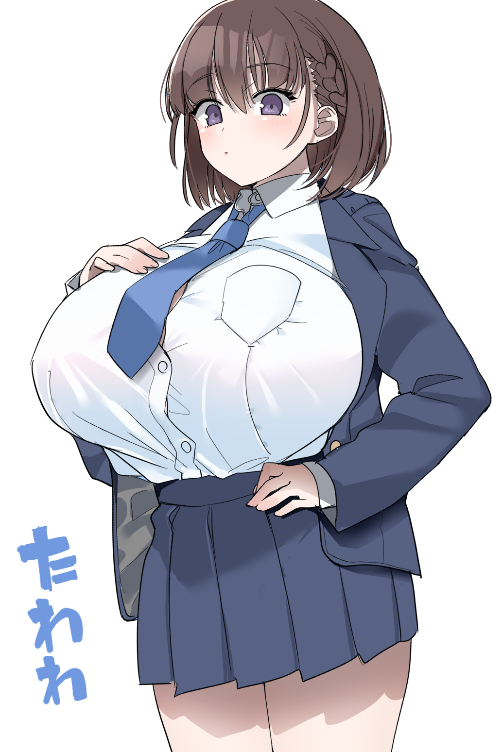 1girls ai-chan_(tawawa) akitokage bakunyuu blank_background blazer blue_eyes_female blue_jacket blue_microskirt blue_miniskirt blue_necktie blue_skirt blush blushing_at_viewer braid braided_hair breasts breasts_bigger_than_head brown_hair brown_hair_female bulging_breasts bursting_breasts button_gap buttoned_shirt cleavage clothed collared_shirt eye_contact eyebrows_visible_through_hair female female_focus female_only getsuyoubi_no_tawawa hand_above_breast hand_on_own_breast hi_res high_resolution highres huge_breasts huge_cleavage jacket japanese_text light-skinned_female light_skin long_sleeves looking_at_viewer microskirt miniskirt necktie open_clothes open_jacket plain_background pleated_skirt purple_eyes purple_eyes_female school_uniform schoolgirl schoolgirl_uniform shirt shirt_pocket shirt_tucked_in short_brown_hair short_hair simple_background skirt small_but_busty solo standing straining_buttons suit suit_and_tie tight_clothing translation_request tucked_shirt undersized_clothes upper_body white_background white_shirt