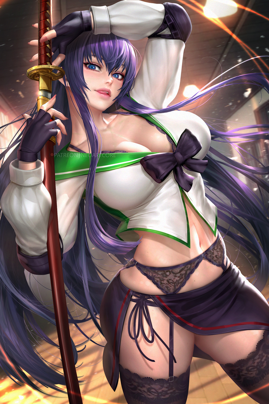 1girls, 2022, 2d, 2d (artwork), alternate version available, anime, artist name, big breasts, blue eyes, breasts, cleavage, crazy eyes, female, female only, fingerless gloves, garter belt, garter straps, gloves, highschool of the dead, holding object, holding weapon, human, human female, human only, indoors, katana, light skin, light-skinned female, long hair, looking at viewer, neoartcore, no sex, purple hair, questionable, saeko busujima, solo, solo female, sword, thighhighs, tongue, tongue out, weapon