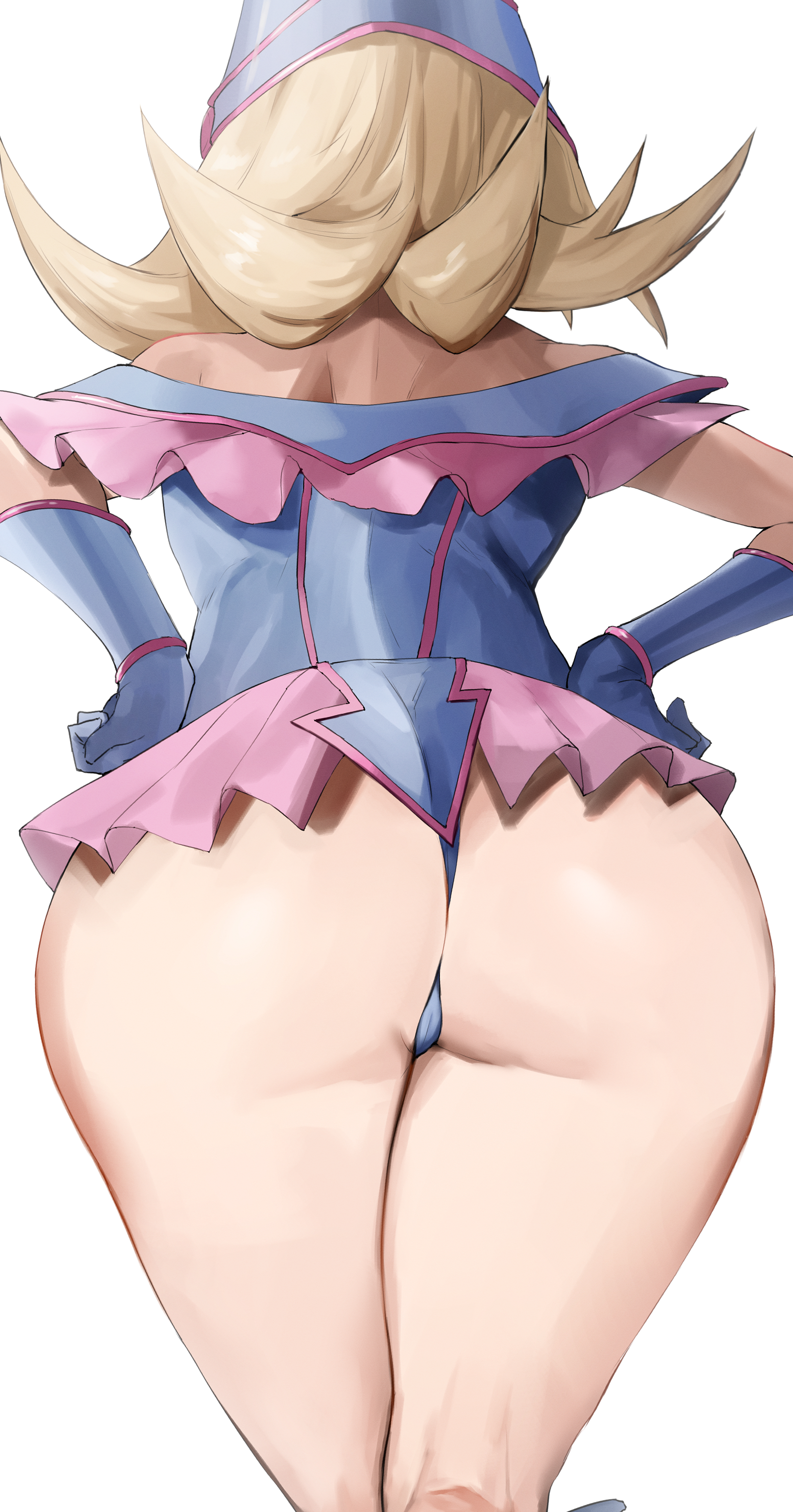 1girls, anime, ass, ass focus, back, back view, big ass, big butt, blonde hair, blue gloves, blue thong, dark magician girl, duel monster, female, female only, from behind, gloves, hat, kataku musou, large ass, long hair, pink, thighs, thong, underwear, wizard hat, yu-gi-oh!