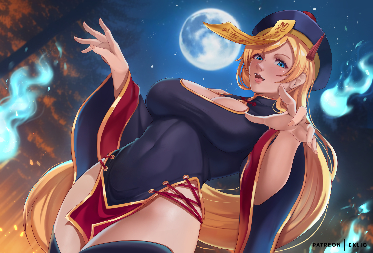 1girls, big breasts, breasts, exlic, female, female only, guilty gear, halloween costume, jiangshi, jiangshi costume, large breasts, looking at viewer, millia rage, solo, thick thighs