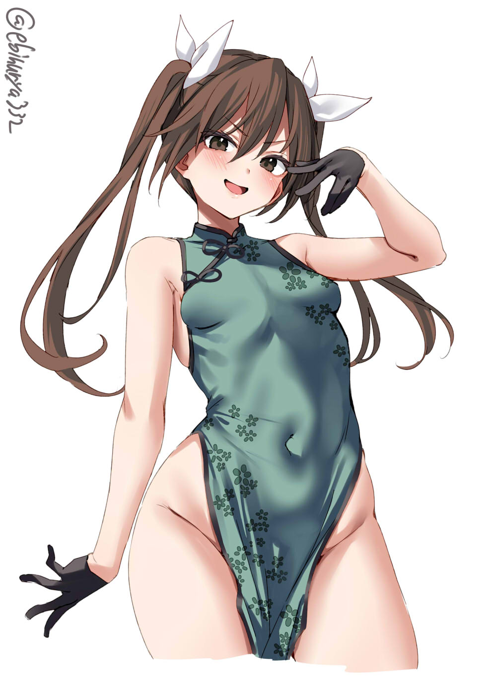 bangs bare_shoulders black_gloves blush breasts brown_eyes brown_hair china_dress chinese_clothes cropped_legs dress ebifurya female floral_print fully_clothed gloves hair_between_eyes hair_ribbon hand_up highres kantai_collection long_hair looking_at_viewer one-hour_drawing_challenge open_mouth pelvic_curtain ribbon simple_background sleeveless sleeveless_dress small_breasts smile smug solo thighs tone_(kantai_collection) twintails twitter_username v-shaped_eyebrows white_background white_ribbon