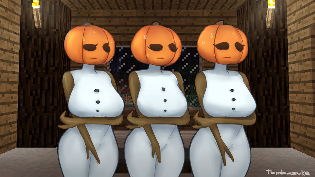 3girls arm_under_breasts big_breasts breasts covering covering_crotch cute eyelashes female female_only hips humanoid large_breasts minecraft mojang pumpkin pumpkin_head sad snow_golem snowwoman sweat sweating thick thick_thighs thighs tombozuka voluptuous wide_hips