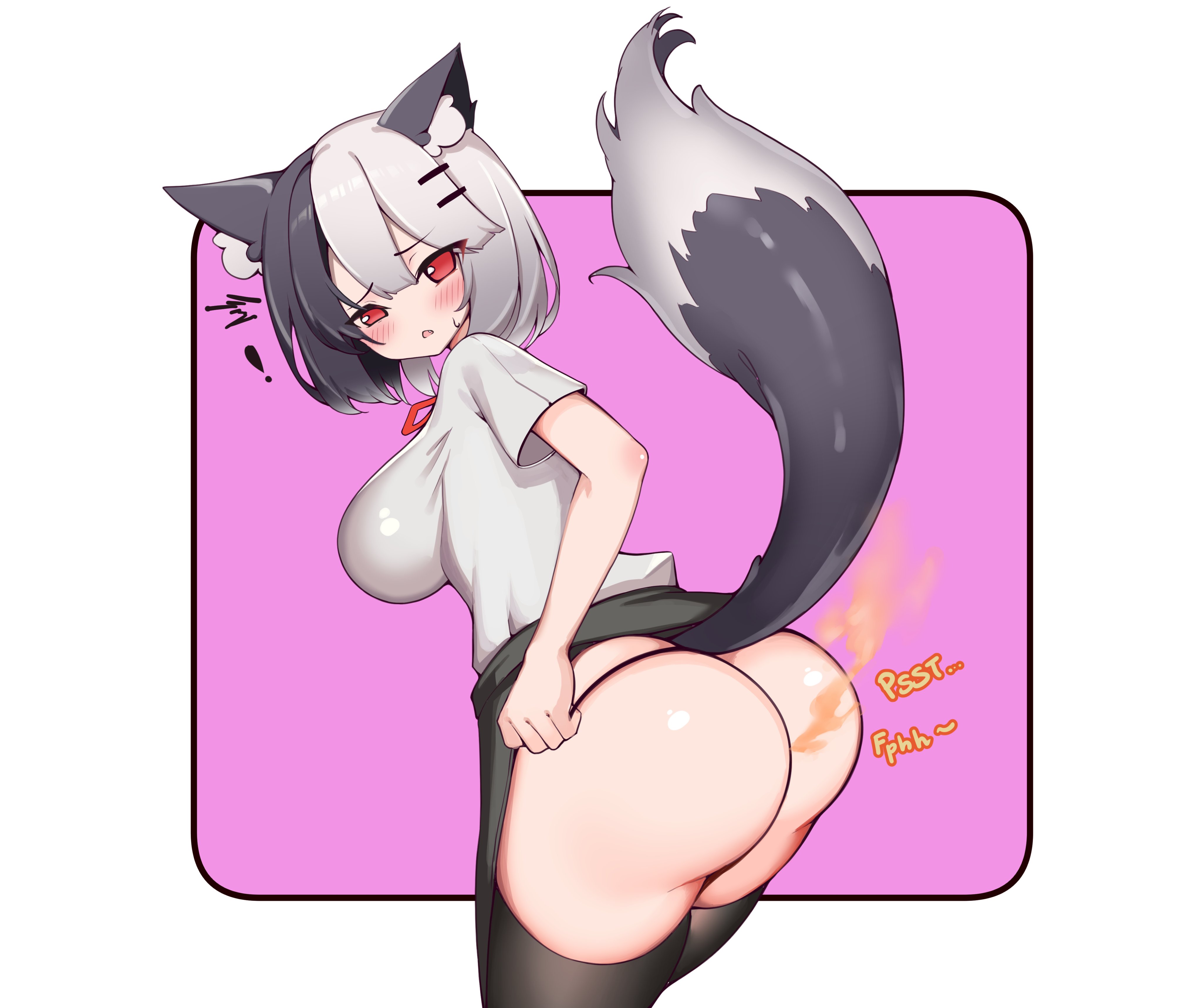 !, 1girls, actfourteen, animal ears, ass, big ass, big butt, black legwear, black panties, black thighhighs, blush, cat ears, cat girl, cat tail, catgirl, fart, fart cloud, fart fetish, farting, female, legwear, looking back, multicolored hair, oc, open mouth, original, original character, panties, purple background, rear view, red eyes, short hair, shoulder length hair, skunk, skunk girl, solo female, string panties, tail, thighhighs