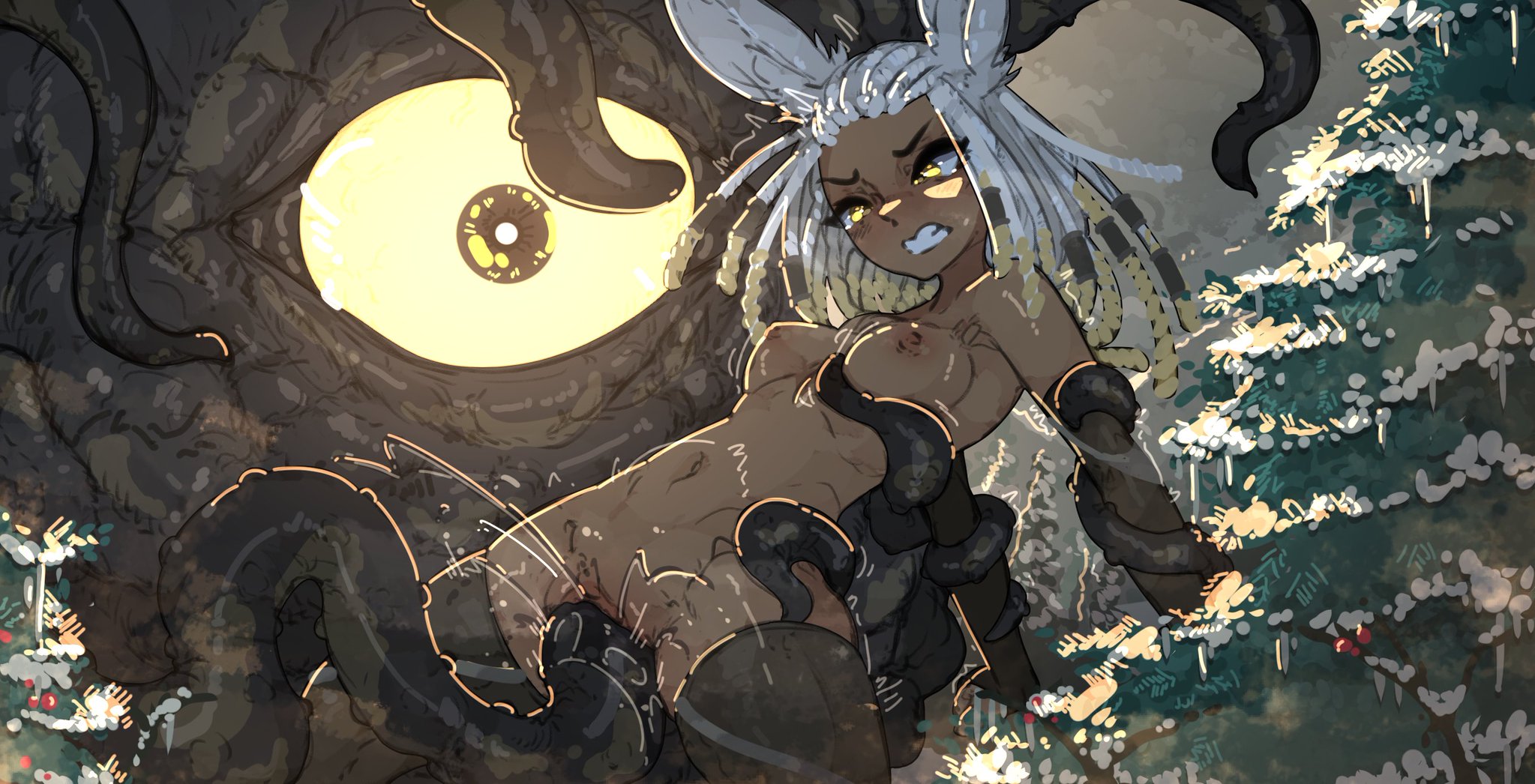 1girls, abs, blasphemy (ffxiv), bondage, dark skin, eyeball, female, final fantasy, final fantasy xiv, forced orgasm, helpless, interspecies, larger male, larger male smaller female, male, pussy, pussy juice, rape, shuuko, silver hair, size difference, smaller female, sypha flowen, tentacle, tentacle rape, tentacle sex, teratophilia, thighhighs, tree, vaginal penetration, viera, yellow eyes