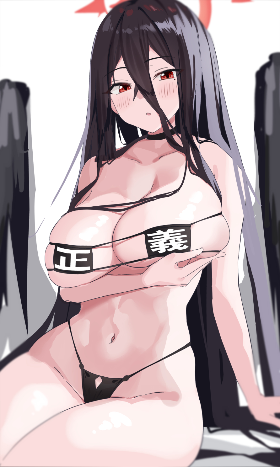 1girls, 2022, arm under breasts, bangs, bikini, black hair, black wings, blue archive, blush, breasts, choker, eyepatch bikini, female, hair between eyes, halo, hasumi (blue archive), highres, huge breasts, justice task force (blue archive), long hair, looking at viewer, mole, mole under eye, navel, public morals bikini, red eyes, solo, swimsuit, trinity general school student, tsumayouji (artist), tsumayouji (tumayog), very long hair, wings