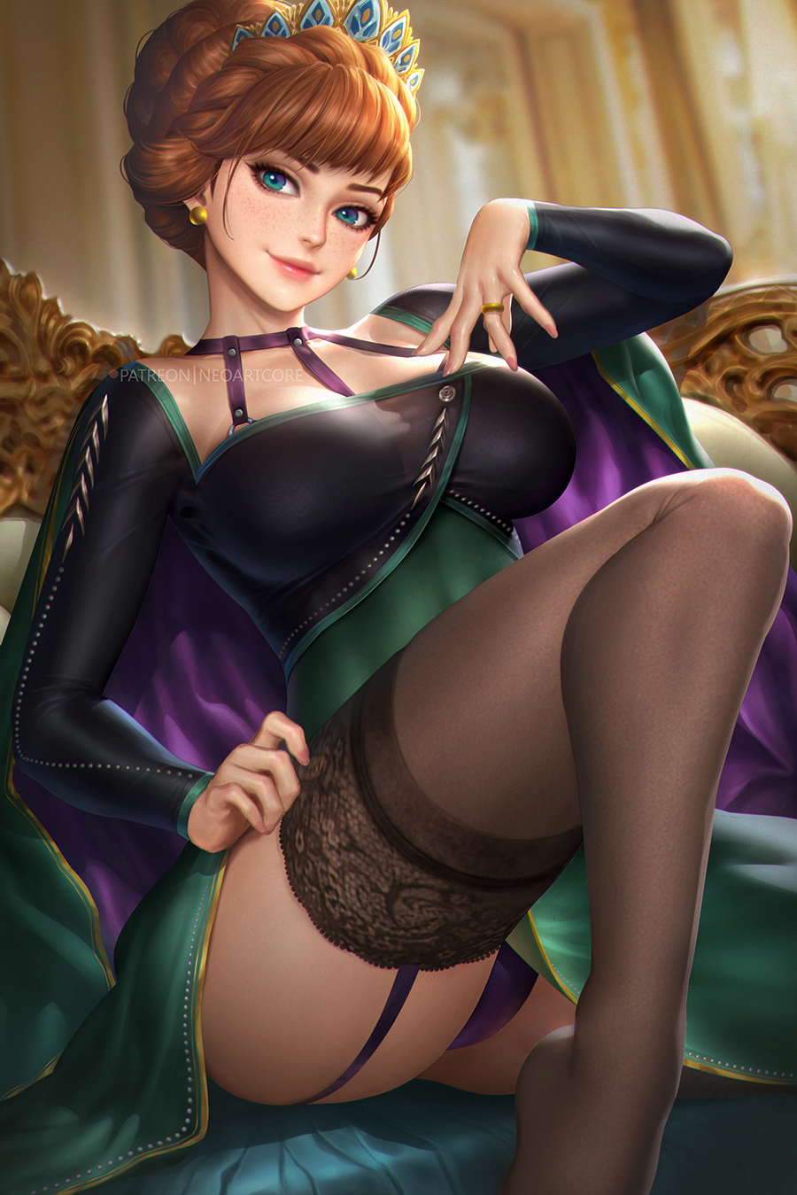 1girls, anna (frozen), blue eyes, breasts, brown hair, clothing, disney, dress, earrings, female, female only, frozen (film), hi res, highres, lingerie, medium breasts, neoartcore, outfit, panties, pink lipstick, ring, royalty, small breasts, smiling, stockings