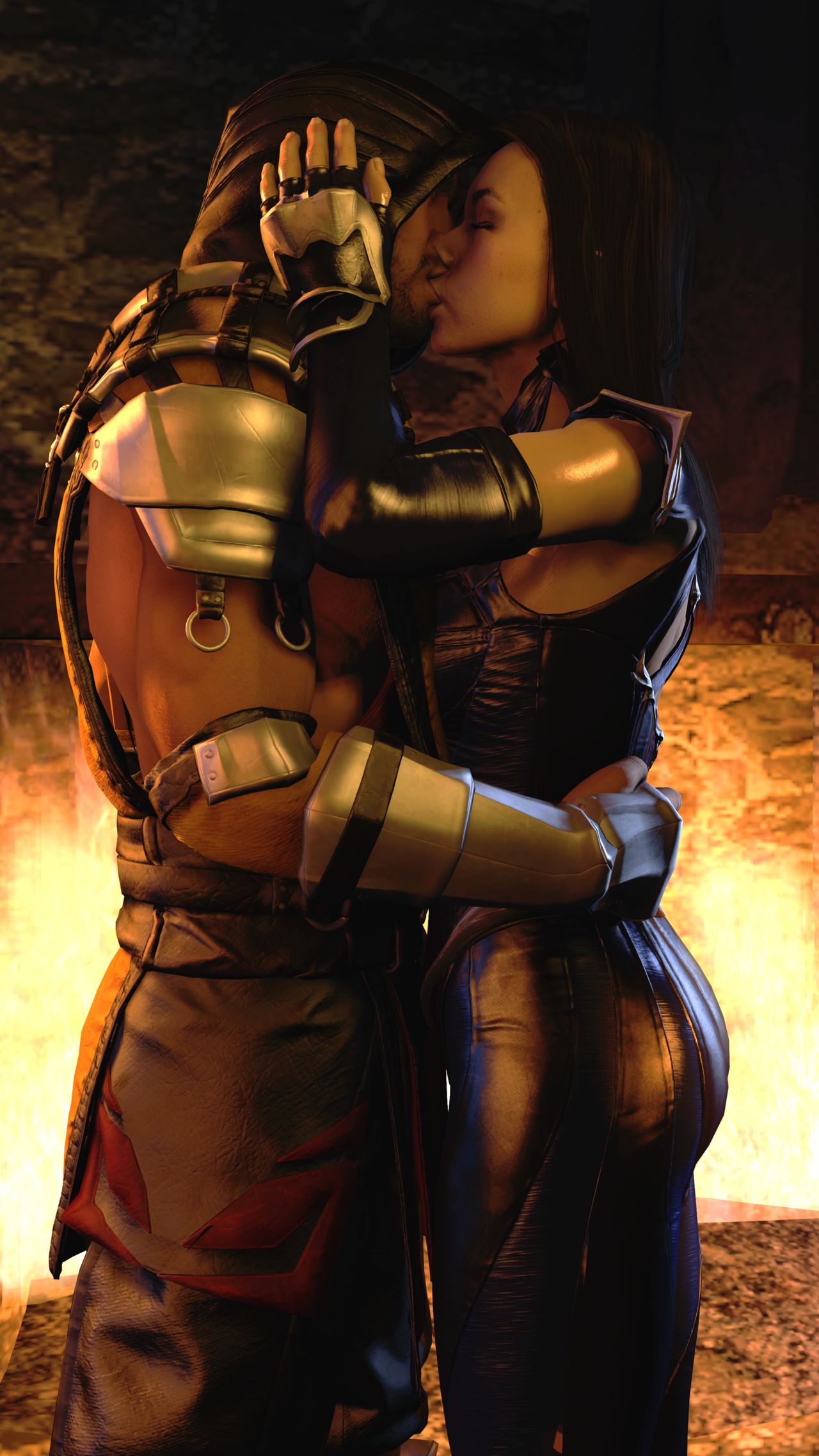 1boy 1boy1girl 1girls 3d kissing kitana mortal_kombat mortal_kombat_11 night scorpion_(mortal_kombat) smokescreen117