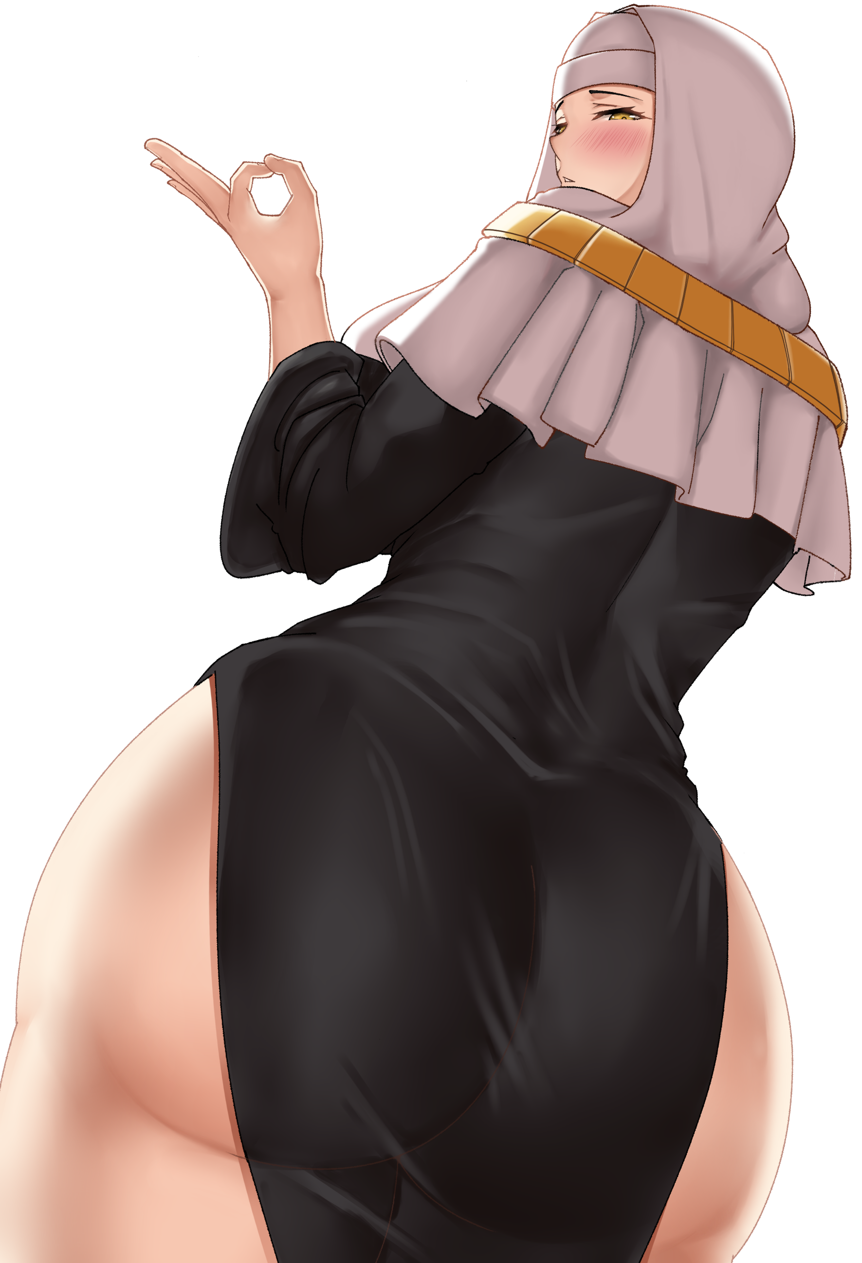 1girls, ass, back, back view, bubble ass, bubble butt, fate (series), fate/grand order, female, female only, hips, huge ass, kymp, light skin, light-skinned female, nun, nun outfit, nun's habit, sesshouin kiara, slim waist, solo, solo female, thick thighs, thighs, wide hips, yellow eyes