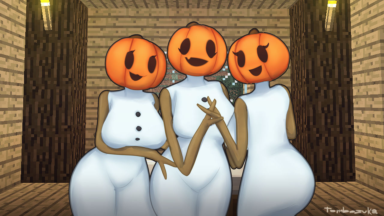 3girls ass big_ass big_breasts big_butt breasts cute eyelashes female female_only hips humanoid large_ass large_breasts large_butt looking_at_viewer minecraft mojang pumpkin pumpkin_head smile smiling smiling_at_viewer snow_golem snowwoman thick thick_ass thick_thighs thighs tombozuka voluptuous wide_hips