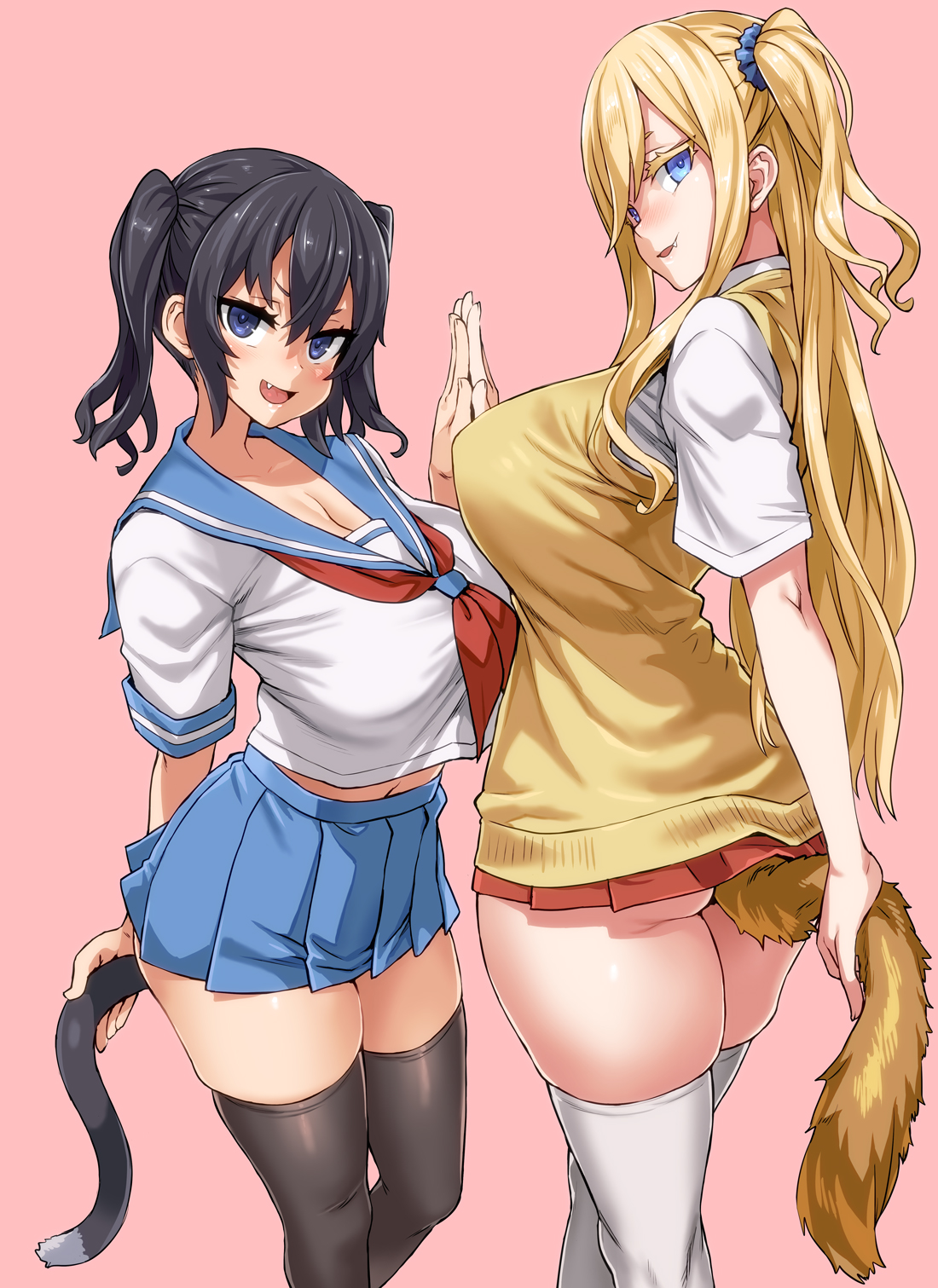 2girls, anal, anal tail, asanagi, big breasts, black hair, blonde hair, blue eyes, blush, breasts, female, female only, light skin, light-skinned female, multiple females, multiple girls, original, school uniform, sex toy, simple background, tail, thighhighs, twintails