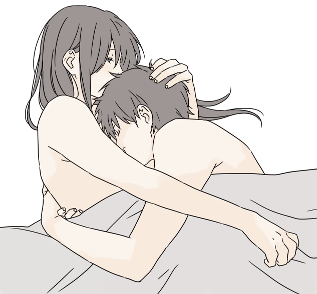 2boys after_sex androgynous black_hair blanket embrace gay gintama hand_on_another's_head hijikata_toshiro hug in_bed intimate katsura_kotarou long_hair long_hair_male male male_only mio_bj on_bed on_side sleeping upper_body wholesome yaoi