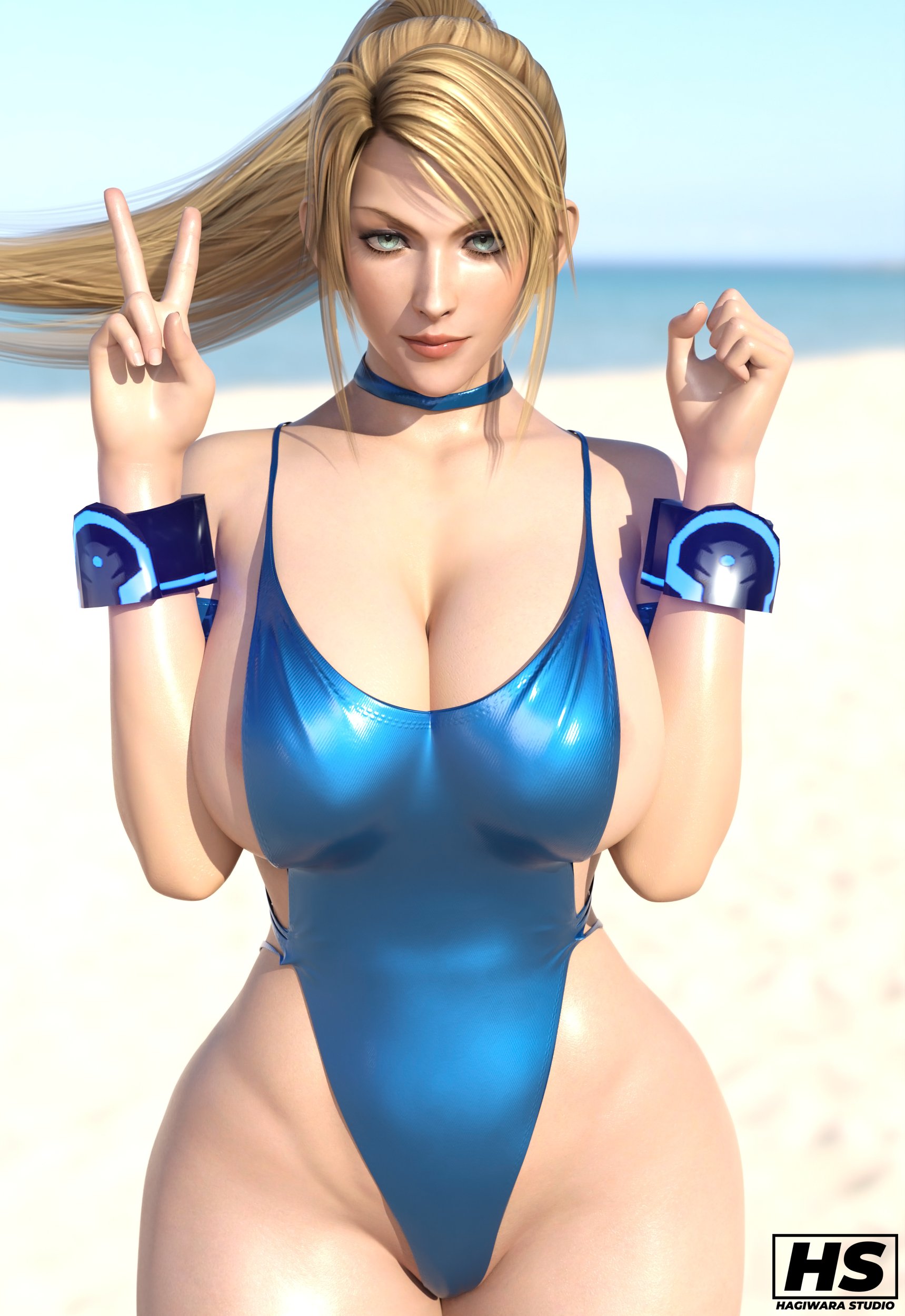 1girls, 3d, areola slip, beach, bikini, bimbo, blonde hair, blue eyes, breasts, dead or alive, female, female focus, female only, hagiwara studio, long blonde hair, long hair, looking at viewer, metroid, one-piece swimsuit, posing, pussy, red fingernails, samus aran, sarah bryant, solo, solo female, solo focus, swimsuit, virtua fighter