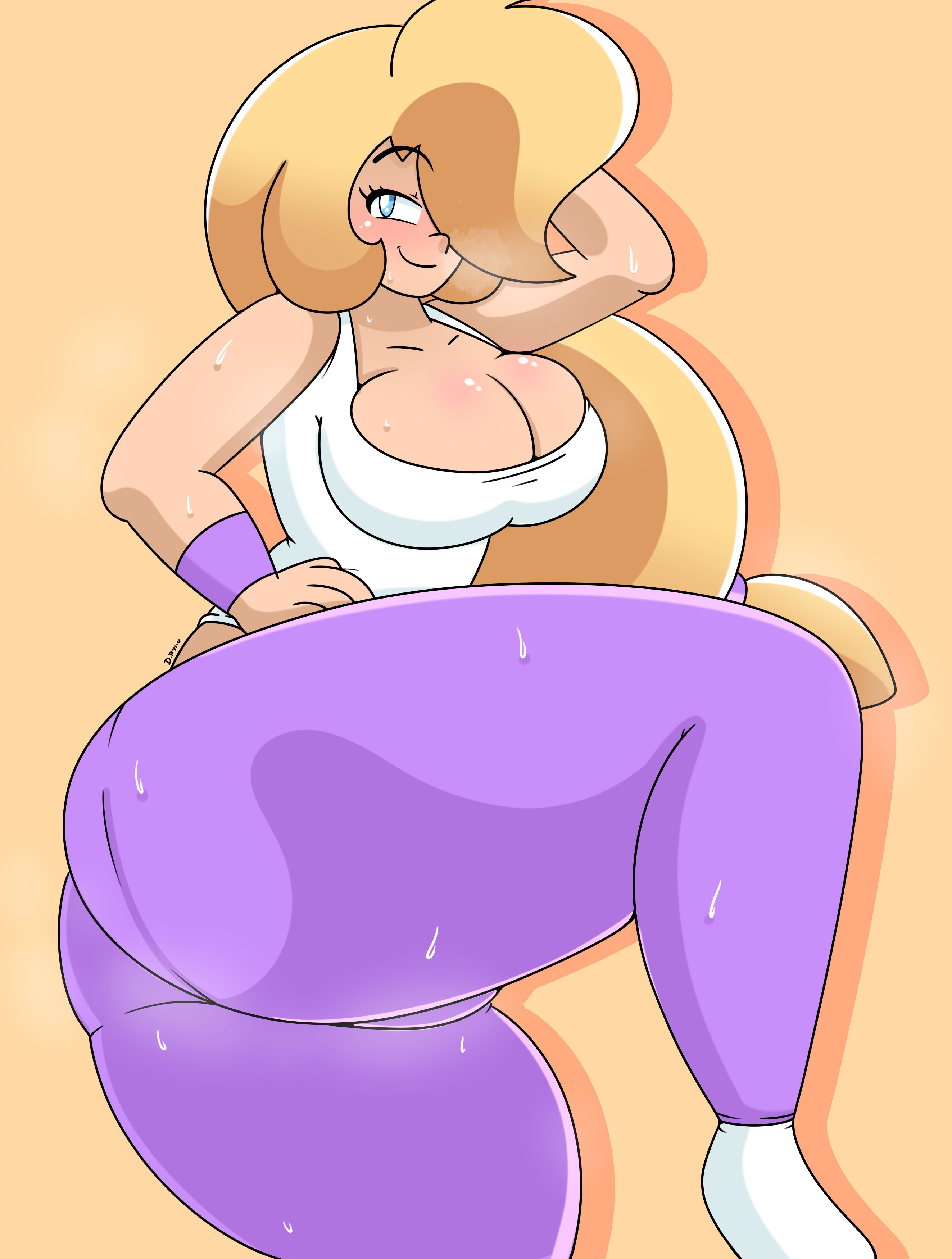 1girls, ass, big ass, big breasts, bimbo, blonde hair, blue eyes, breasts, cleavage, clothing, daisy (daisy-pink71), daisy-pink71, female, female only, hair over one eye, looking at viewer, lying, lying on side, pants, pantylines, shirt, solo, sweat, thick thighs, wide hips, yoga pants