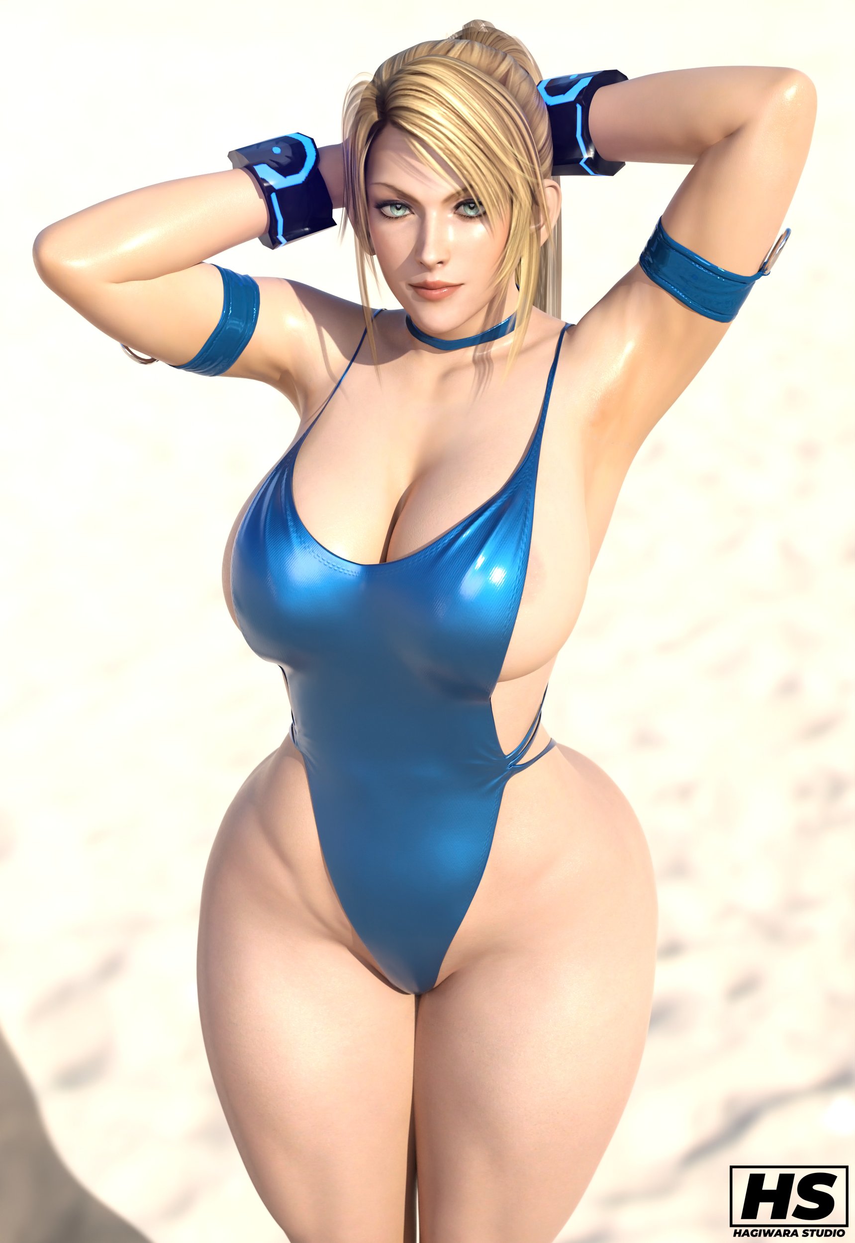 1girls, 3d, areola slip, beach, bikini, bimbo, blonde hair, blue eyes, breasts, female, female focus, female only, hagiwara studio, long blonde hair, long hair, looking at viewer, metroid, one-piece swimsuit, posing, pussy, red fingernails, samus aran, sarah bryant, solo, solo female, solo focus, swimsuit, virtua fighter