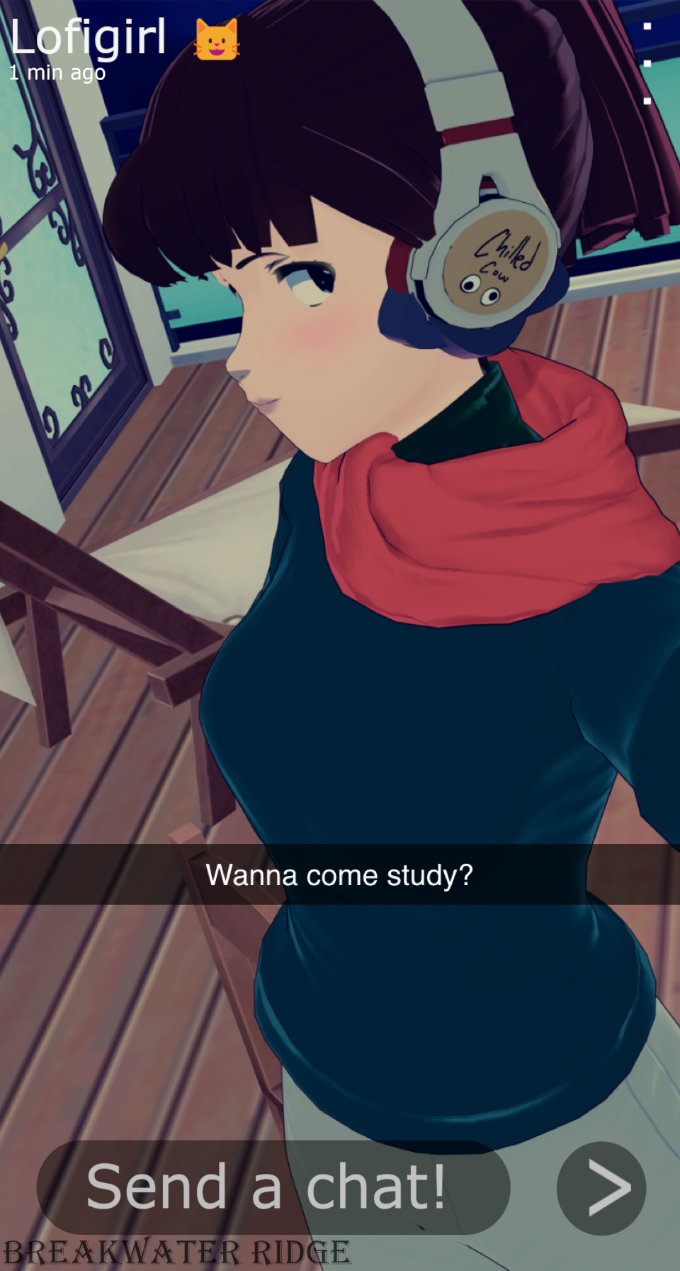 1girls 3d breakwater_ridge clothing cute electronics english_text female headphones human indoors lo-fi_beats_to_relax/study_to lofi_girl pale_skin selfie snapchat solo sweater