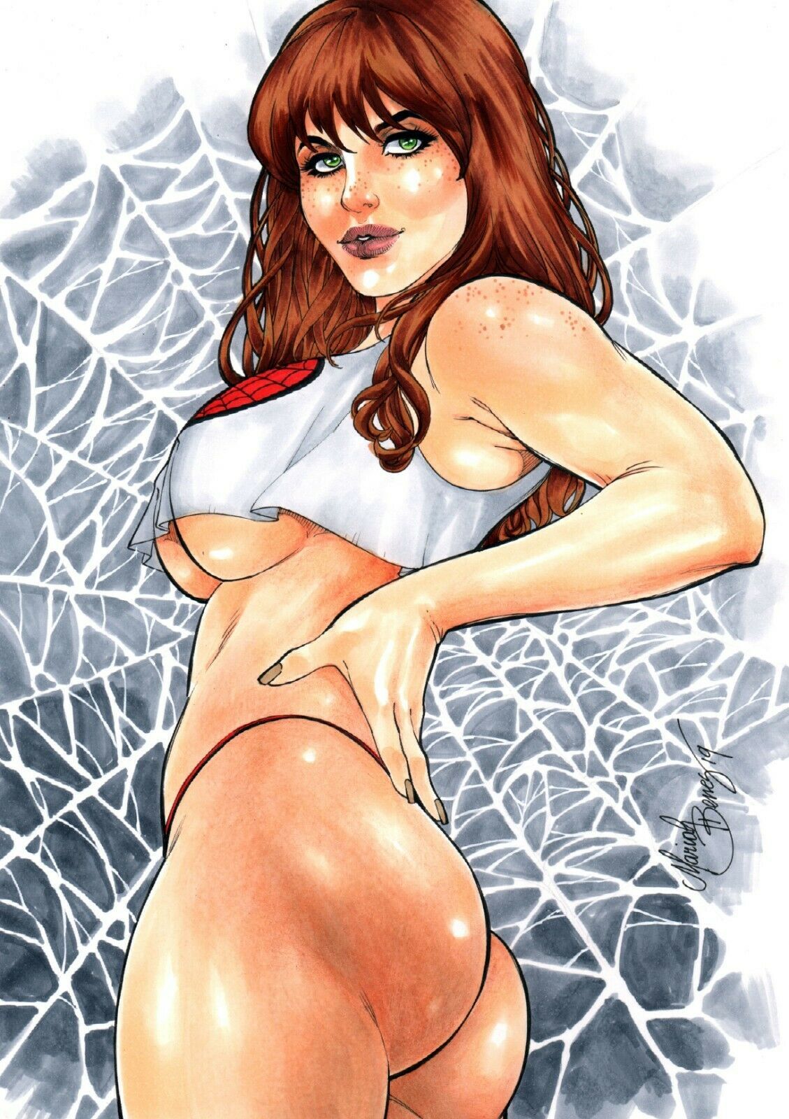 1girls 2019 big_ass big_breasts ed_benes_studio green_eyes highres long_hair looking_at_viewer mariah_benes marvel marvel_comics mary_jane_watson panties red_hair spider-man_(series) tagme thong