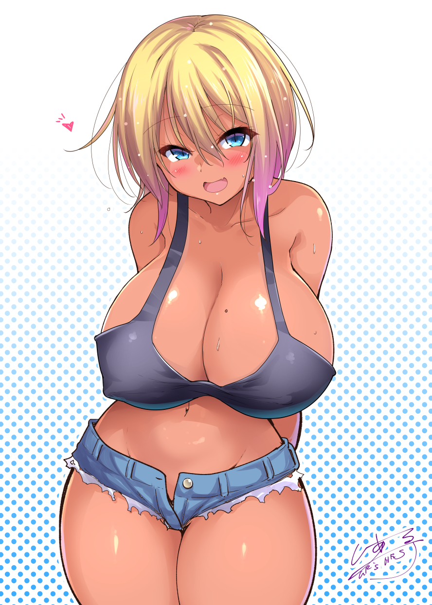 1girls artist_name artist_signature bakunyuu bare_shoulders bashful belly_button birthmark black_crop_top black_shirt black_tank_top blonde_female blonde_hair blonde_hair_female blue_denim blue_denim_shorts blue_eyes blue_eyes_female blue_shorts blush blushing_at_viewer braless breasts breasts_bigger_than_head bursting_breasts c.r. cleavage covered_erect_nipples crop_top cropped_tank_top curvaceous denim_shorts female female_only ganguro gyaru heart hi_res high_resolution highres hourglass_figure huge_breasts huge_cleavage huge_nipples jean_shorts kogal kuro_gyaru light-skinned_female light_skin looking_at_viewer micro_shorts mole mole_on_breast multicolored_hair navel no_bra no_panties oerba_yun_fang open_clothes open_shorts original pantyless pink_hair pink_hair_female polka_dot polka_dot_background shiny_body shiny_breasts shiny_hair shiny_skin short_hair short_hair_female short_shirt short_shorts shorts shy shy_smile skin_fang solo streaked_hair sweatdrop sweaty_body sweaty_breasts tan tan_skin tank_top tanned tanned_female tanned_girl tanned_skin thick_eyelashes thick_thighs two_tone_hair unbuttoned unbuttoned_shorts upper_body voluptuous voluptuous_female wide_hips