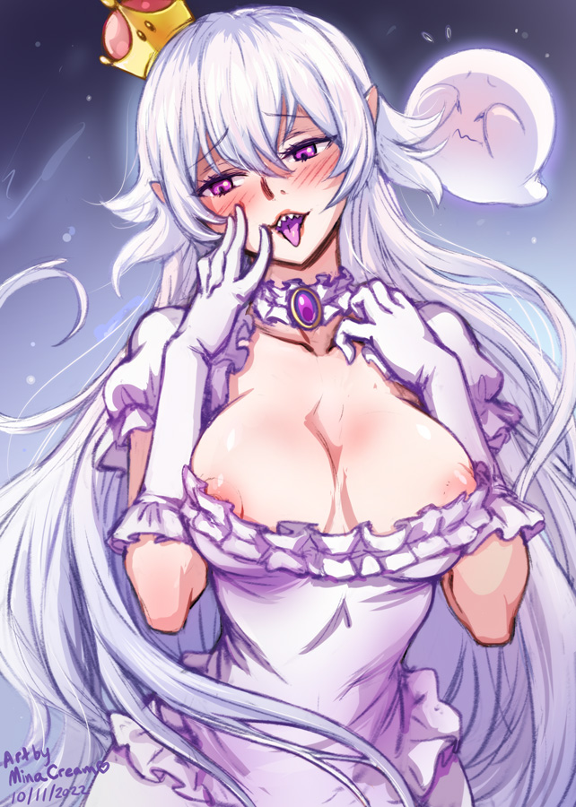 1girls, 1other, ambiguous gender, areolae, areolae slip, blush, boo (mario), boosette, breasts, cleavage, clothing, dress, female, female focus, gloves, large breasts, long hair, looking away, luigi's mansion, mario (series), minacream, new super mario bros. u deluxe, open mouth, pink eyes, sharp teeth, smile, solo focus, super crown, teeth, tongue, tongue out, very long hair, white hair