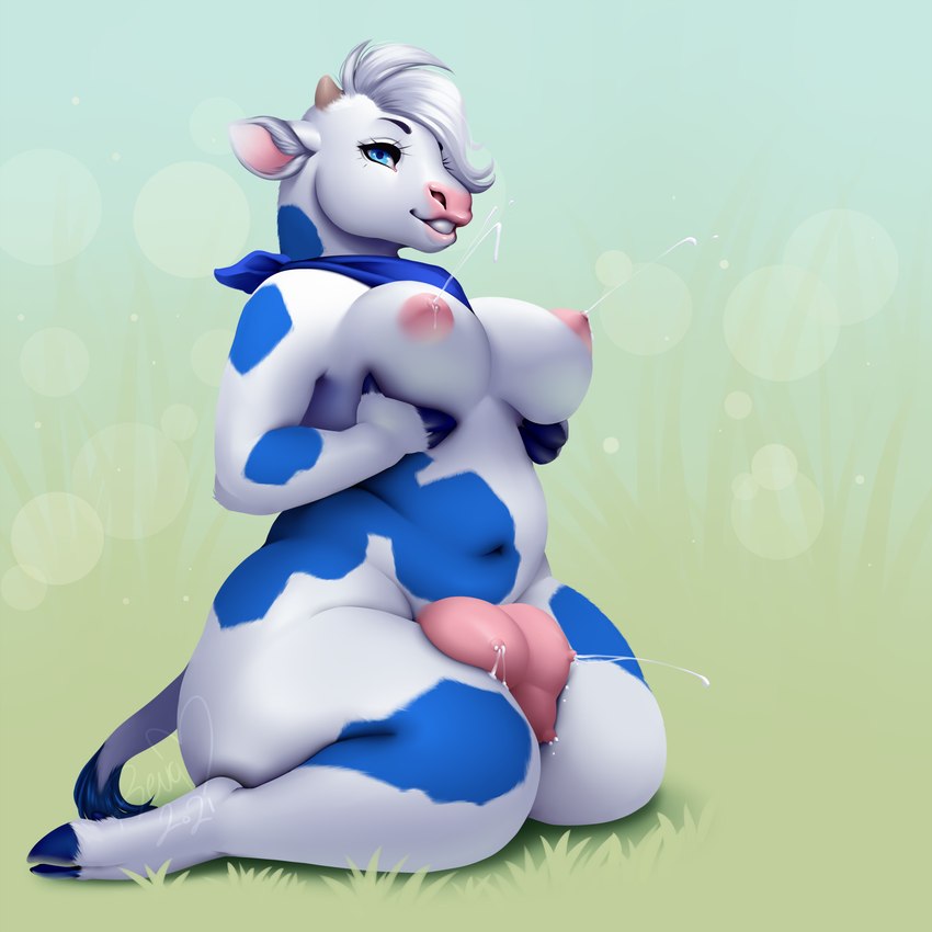 alternate_version_available anthro breasts chubby female holding_breasts lactaid lactaid_cow lactation lactation_without_expressing pink_nipples pink_nose revadiehard udders