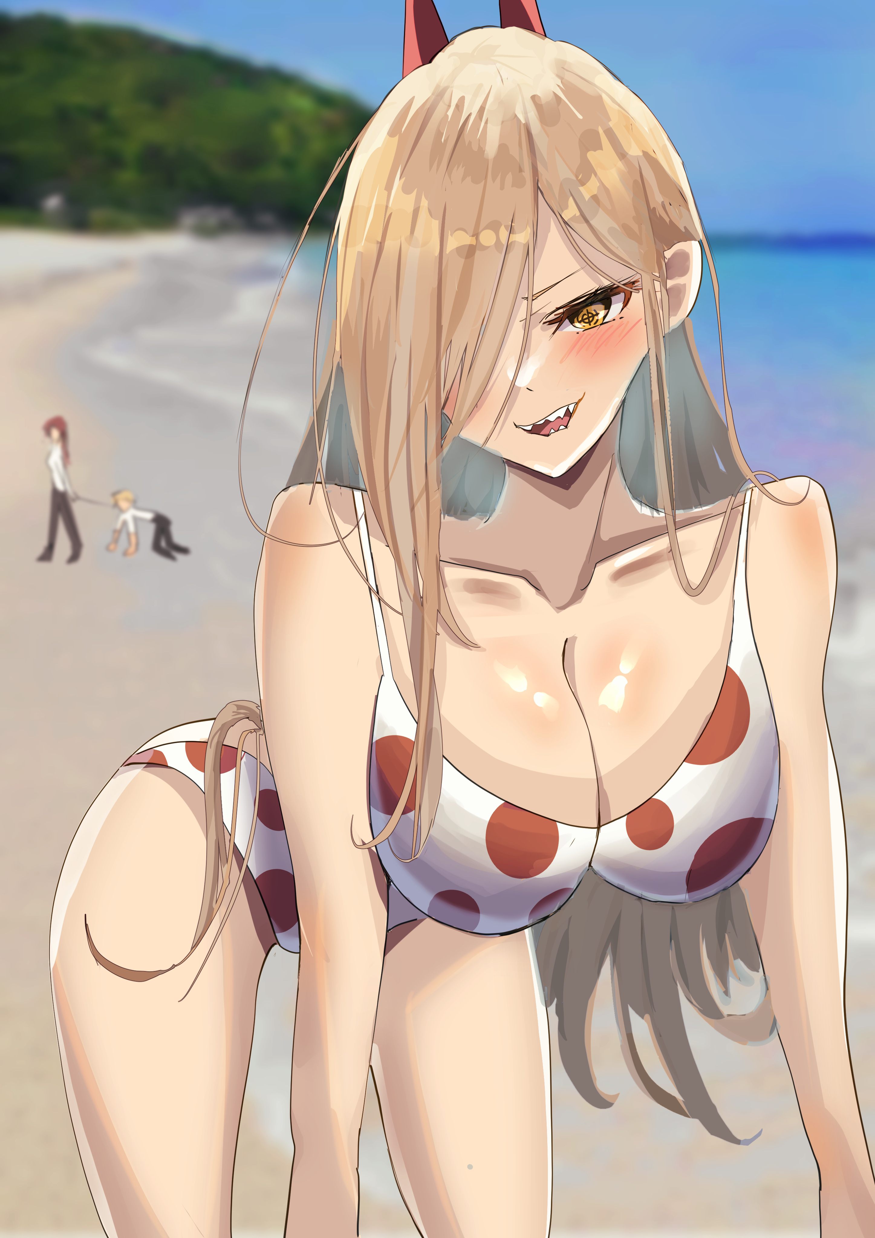 1girls, aogi (pixiv9459043), beach, big breasts, bikini, blonde hair, breasts, chainsaw man, demon, demon girl, denji (chainsaw man), female, female only, femdom, leash, light skin, light-skinned female, makima (chainsaw man), mappa, office clothing, office lady, power (chainsaw man), sharp teeth, shounen jump
