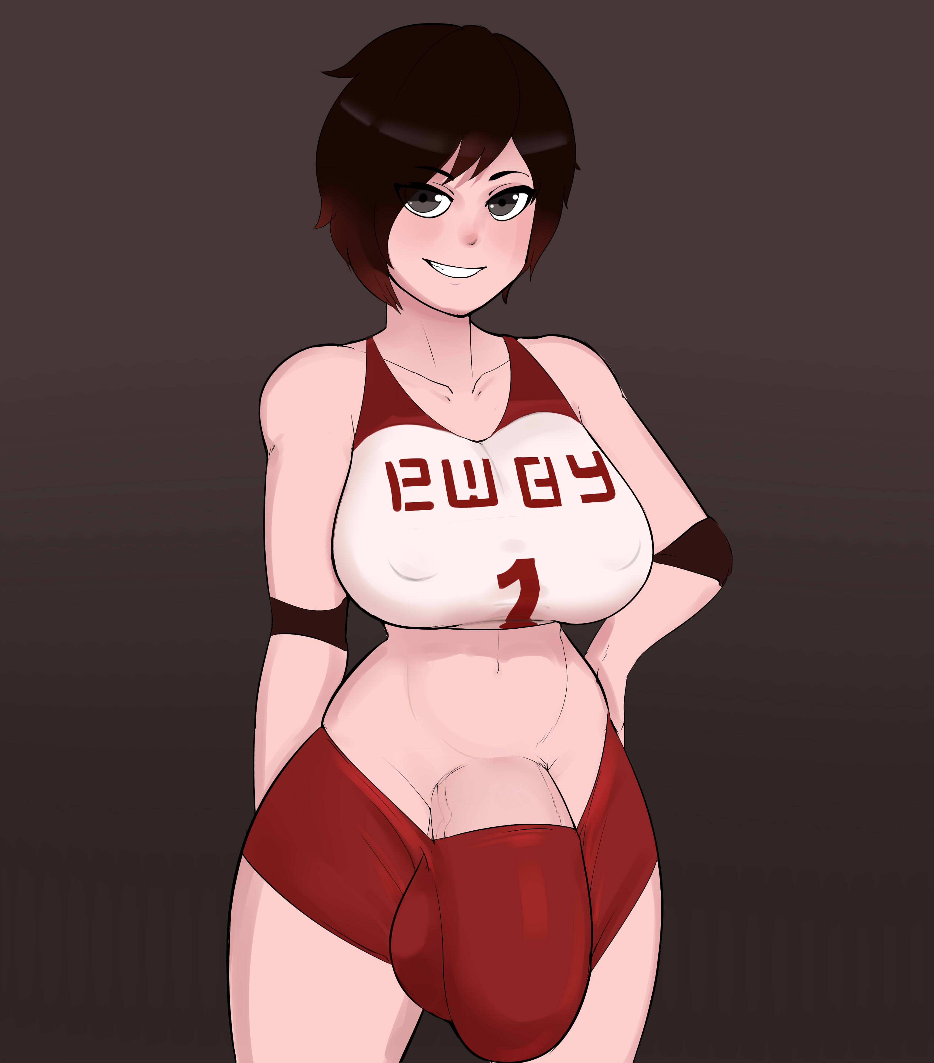 ., 1futa, 2022, balls, big breasts, black hair, breasts, bulge, clothed, clothing, cock, futa only, futanari, g3mma, hand on hip, huge balls, huge cock, human, hung futa, intersex, light skin, light-skinned futa, looking at viewer, mostly clothed, pale skin, pale-skinned futa, penis, penis under clothes, ruby rose, rwby, short hair, silver eyes, simple background, solo, solo futa, standing, toned, toned belly, toned body, toned futa