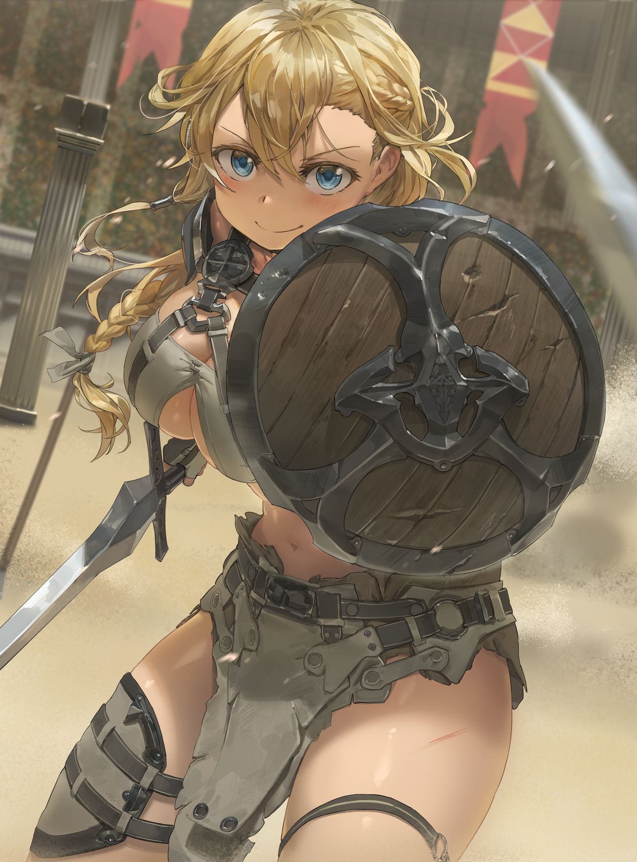 1girls blonde_hair blue_eyes coliseum colosseum crowd_watching gladiator loincloth original outside pelvic_curtain shield smile sword warrior yohan1754