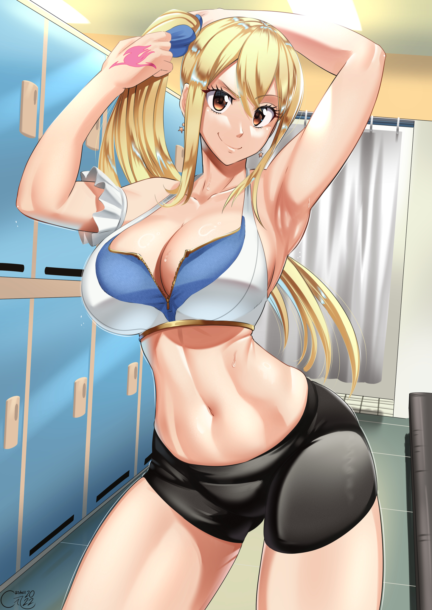 1girls, abs, alternate hairstyle, armpits, arms up, blonde hair, blonde-haired female, booty shorts, breasts, brown eyes, castell, cleavage, commission, commission art, fairy tail, fairy tail mark, female, fit, fit female, hand tattoo, hi res, huge breasts, indoors, light skin, light-skinned female, locker room, long hair, lucy heartfilia, pink tattoo, short shorts, shorts, side ponytail, sleeveless, smile, sports bra, sportswear, tattoo, tattoo on hand, tattooed hand, toned, toned female