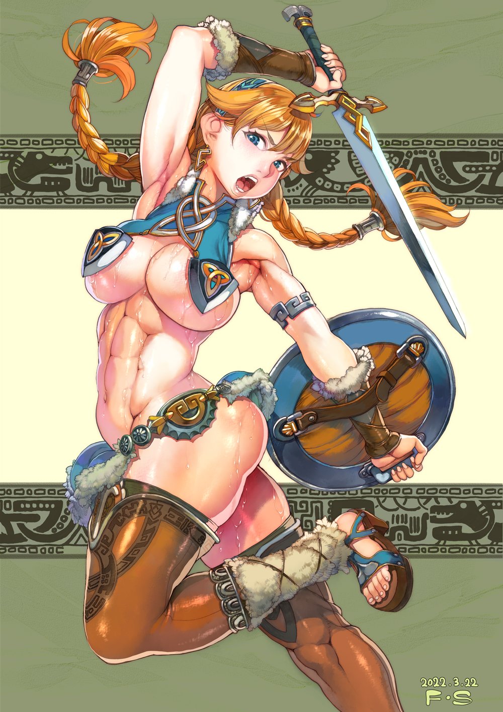 1girls, abs, blonde hair, blue eyes, braids, f.s., female, female only, female warrior, solo, warrior
