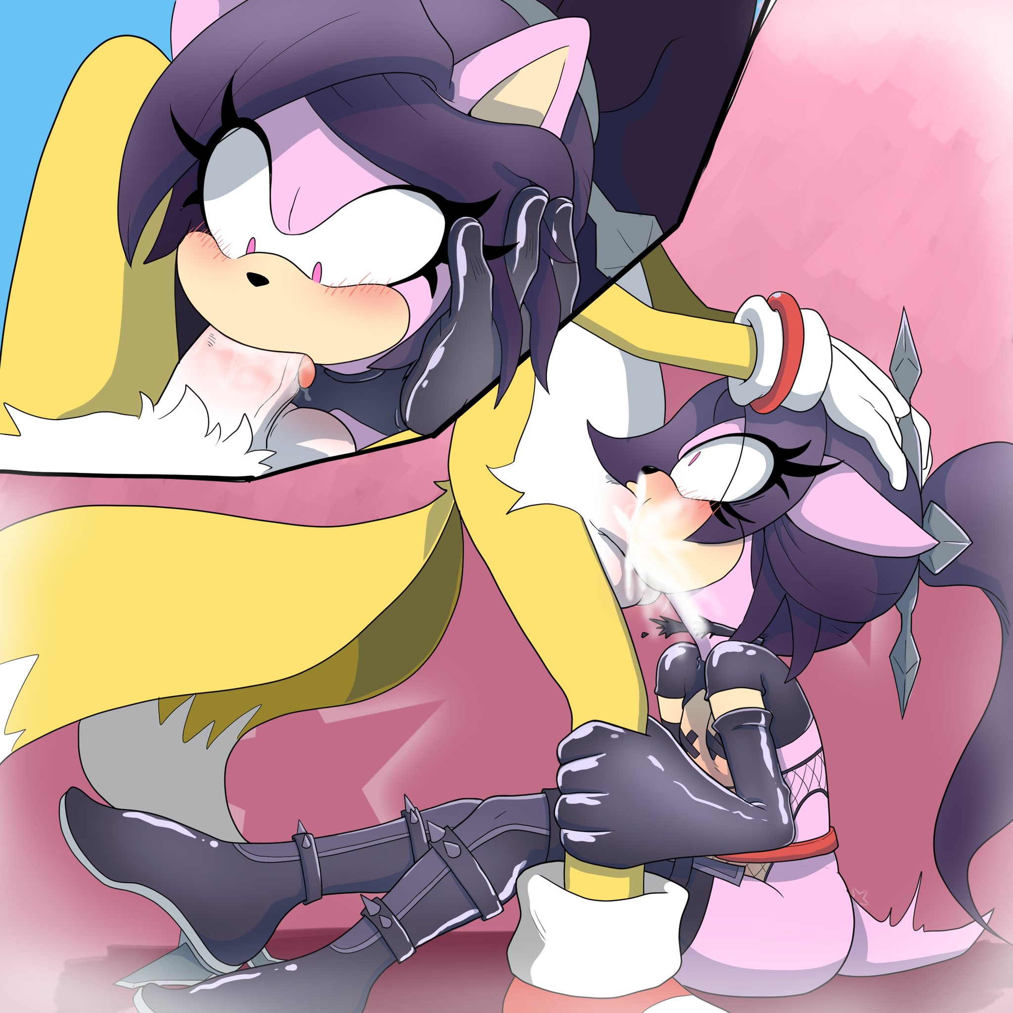 age difference, anthro, assisted fellatio, blush, breasts, cum, cum in mouth, duo, ears back, elbow gloves, fellatio, fishnets, flat chest, hands on another's head, head grab, latex, latex gloves, latex thighhighs, male, miles prower, oral, retromander, sega, small breasts, sonic (series), sonic the hedgehog (series), star the spineless hedgehog, tails, tails the fox, taped nipples, thigh boots, throat bulge, unseen male face, wide eyed