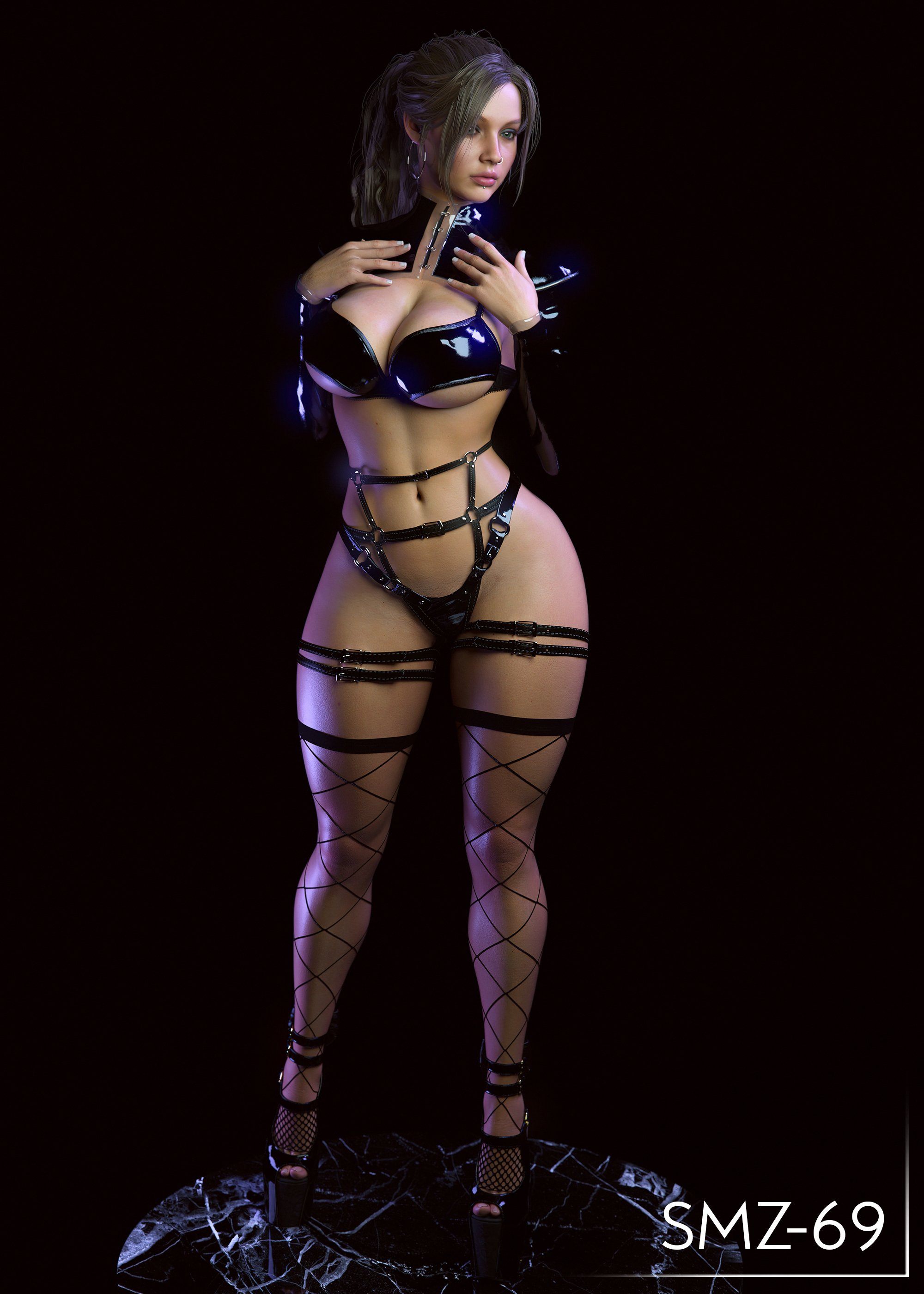 1girls, 3d, areolae, big breasts, breasts, claire redfield, claire redfield (jordan mcewen), female, female only, large breasts, nipples, resident evil, resident evil 2, resident evil 2 remake, smz-69, solo, thick thighs