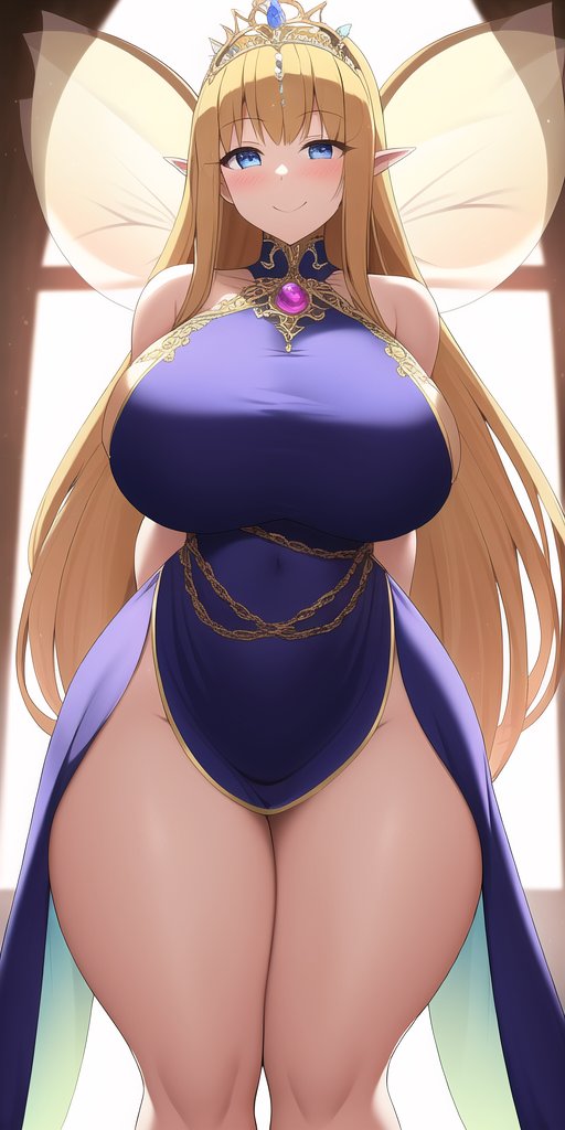ai generated, anime style, big boobs, big breasts, breasts, crown, fairy, fairy wings, female, legs, long hair, nai diffusion, nude, nude female, nude filter, original, smile, stable diffusion, tagme, yellow hair