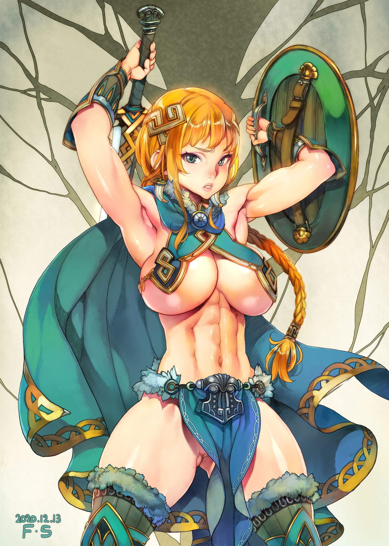 1girls, abs, blonde hair, blue eyes, f.s., female, female only, female warrior, shield, solo, sword, warrior