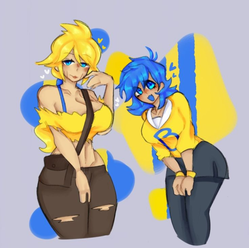 2girls artist_request blue_eyes blue_hair bob_(amoraltra) bob_and_bosip bosip_(amoraltra) breasts female friday_night_funkin genderswap letter rule_63 yellow_clothing yellow_hair