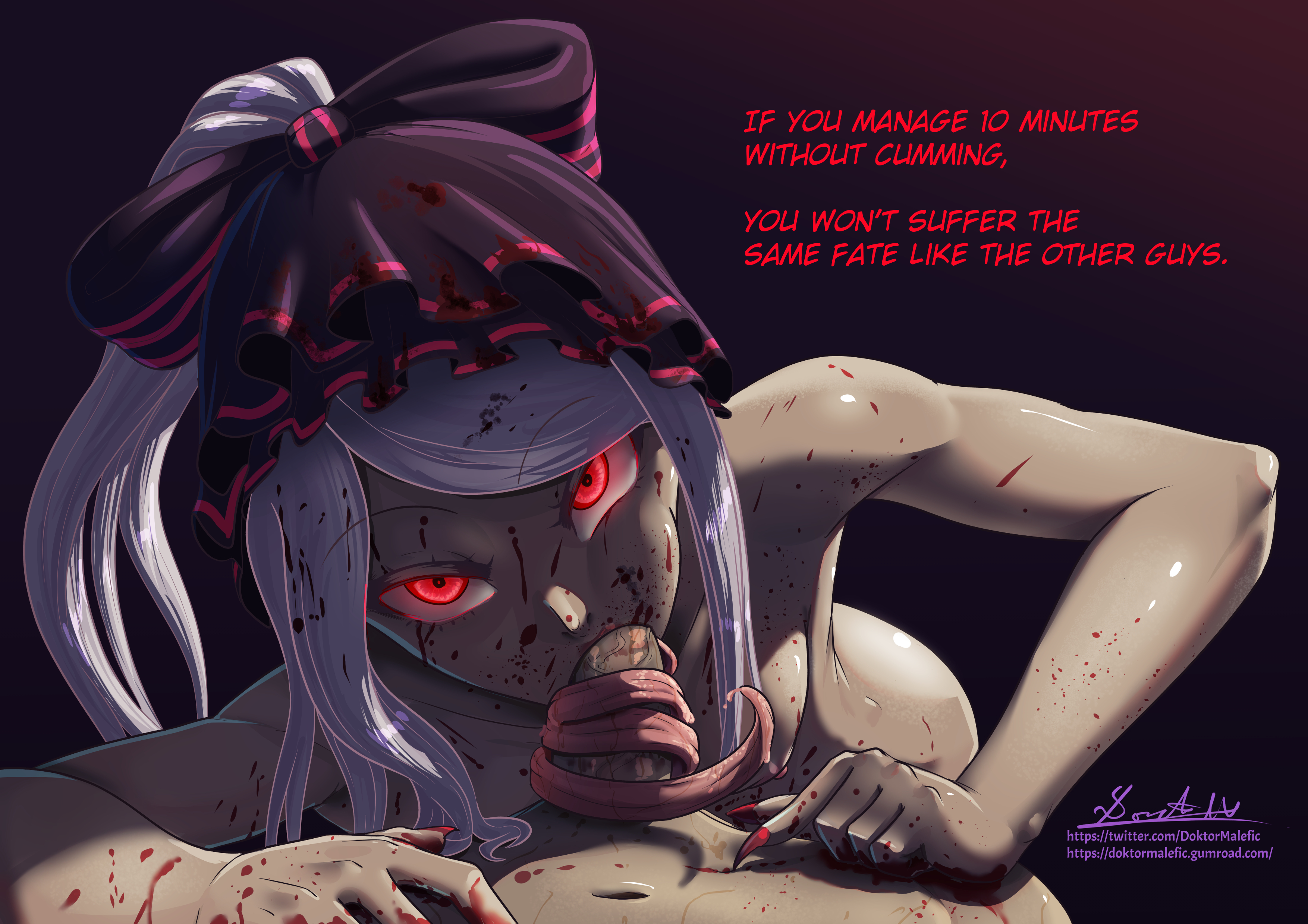 big penis, blood, blowjob, breasts, castration threat, dangerous, doktor malefic, female, glowing, glowing eyes, hips, long tongue, looking at viewer, male, nail polish, nails, nightmare waifu, overlord (maruyama), pale skin, penis, ponytail, pov, pov eye contact, red eyes, shalltear bloodfallen, small breasts, threatening, tongue wrap, vampire, white hair