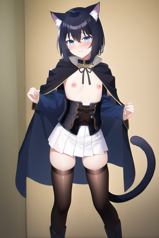 1girls ai_generated black_hair blue_eyes cat_ears cat_tail catgirl female fran_(tensei_shitara_ken_deshita) nai_diffusion nipples partially_clothed small_breasts stable_diffusion tensei_shitara_ken_deshita thighhighs topless