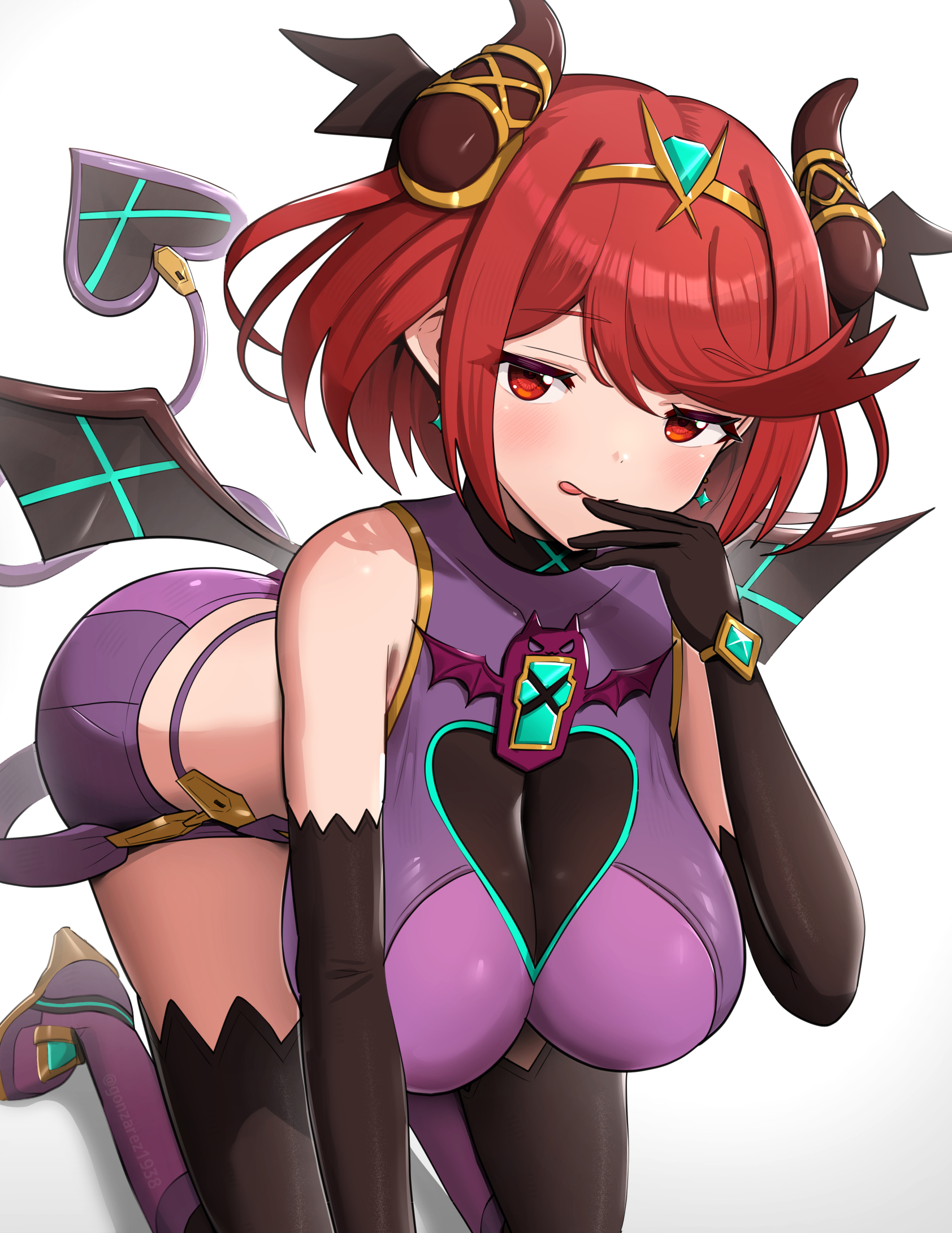1girls, ass, bangs, breasts, core crystal, demon, female, gonzarez, halloween, hi res, horns, huge breasts, large ass, latex, leaning forward, licking lips, light skin, light-skinned female, naughty face, nintendo, pyra, red eyes, red hair, short hair, succubus, succubus costume, suggestive look, swept bangs, thick thighs, thighhighs, thighs, xenoblade (series), xenoblade chronicles 2