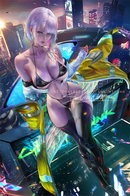 1girls, asian female, ass, big ass, big breasts, bikini, bra, breasts, cd projekt red, cigarette, cyberpunk 2077, cyberpunk: edgerunners, detailed, detailed background, dress, female, female only, higher resolution available, jacket, looking at viewer, lucyna kushinada, multicolored hair, panties, partially clothed, pumpkin, revealing clothes, sakimichan, short hair, smoking, studio trigger, underwear