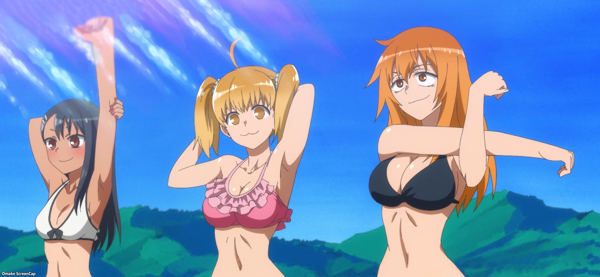 3girls, 774 (nanashi), armpits, beach, big breasts, bikini, black hair, blonde hair, breasts, brown eyes, female, female focus, female only, gamo-chan, hayase nagatoro, hi res, long hair, medium hair, navel, orange eyes, orange hair, please don't bully me, nagatoro, screencap, simple background, small breasts, stitched, stretching, swimsuit, tan, tan body, tan skin, tanline, tanned, third-party edit, watermark, yoshi (nagatoro)