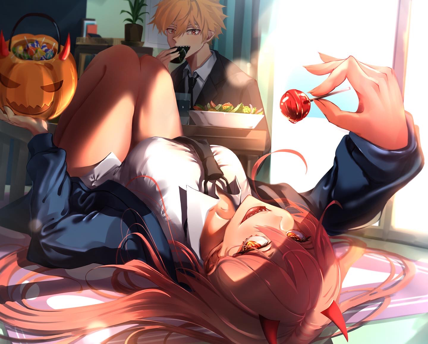 1boy, 1girls, big breasts, blonde hair, breasts, candy, chainsaw man, demon, demon girl, denji (chainsaw man), eating, female, halloween, light skin, light-skinned female, lolipop, male, mappa, offering, offering food, offering to viewer, office clothing, office lady, pan da6069, power (chainsaw man), sharp teeth, shounen jump, skirt down, thick thighs, trick or treat, wholesome