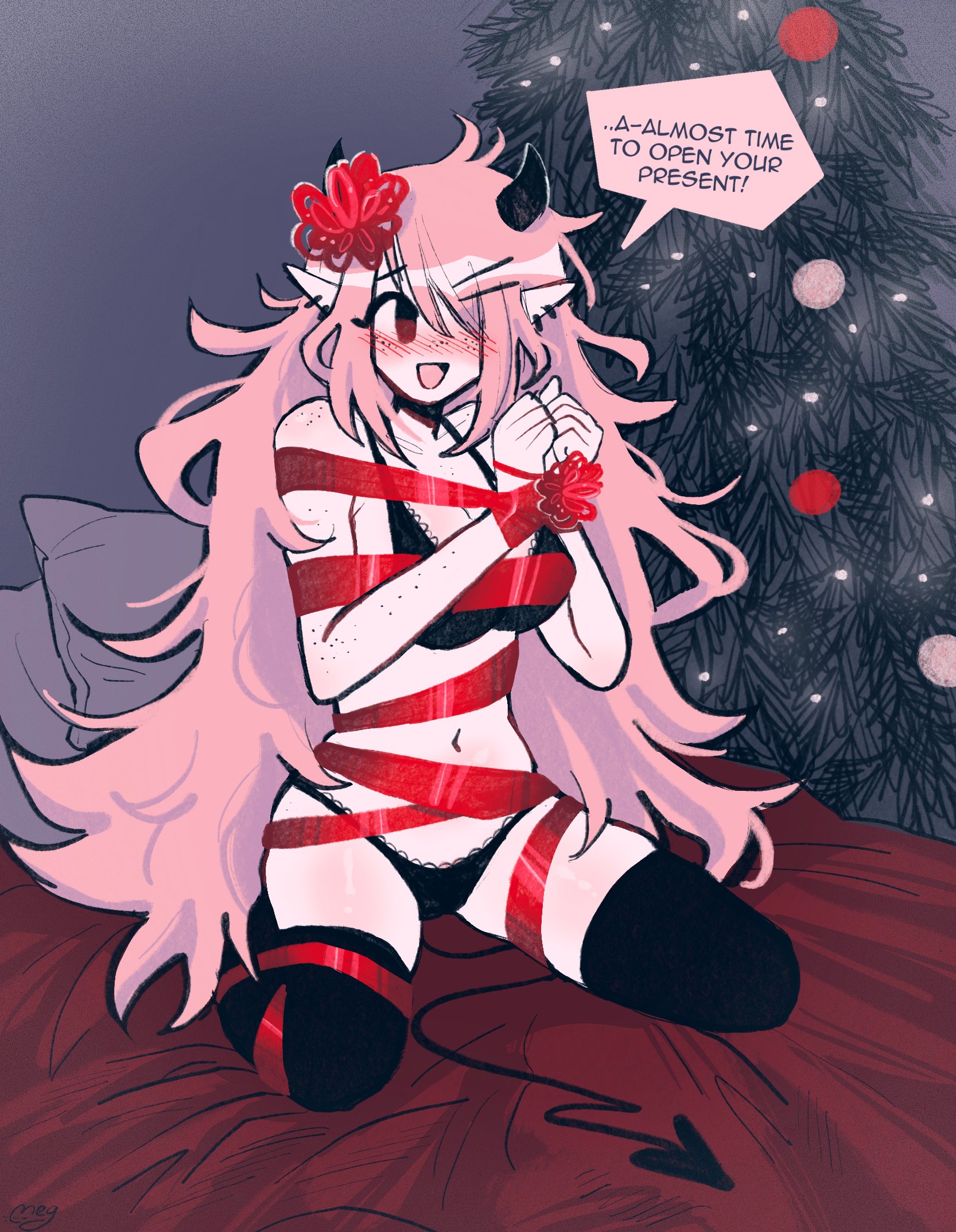 2022, black bra, black eyes, black panties, blush, bondage, bra, breasts, christmas, cleavage, demon, demon girl, demon horns, demon tail, ear piercing, english text, female, freckles, freckles on shoulders, horns, june (megrocks), kneeling, lingerie, long hair, megrocks, mob face, on bed, original, panties, piercing, pink hair, pointy ears, ribbon, ribbon bondage, tage, tail, text, thighhighs, thighs, very long hair