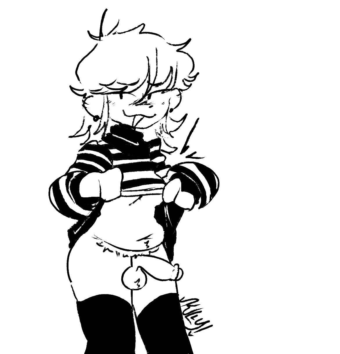 :3, 1futa, 2022, balls, bottomless, breasts, clothed, clothing, erection, futa only, futanari, human, intersex, medium breasts, medium penis, monochrome, partially clothed, penis, pubic hair, reward available, shirt, shirt lift, shirt up, sketch, skullfvckerz, slightly chubby, solo, standing, thighhighs, underboob
