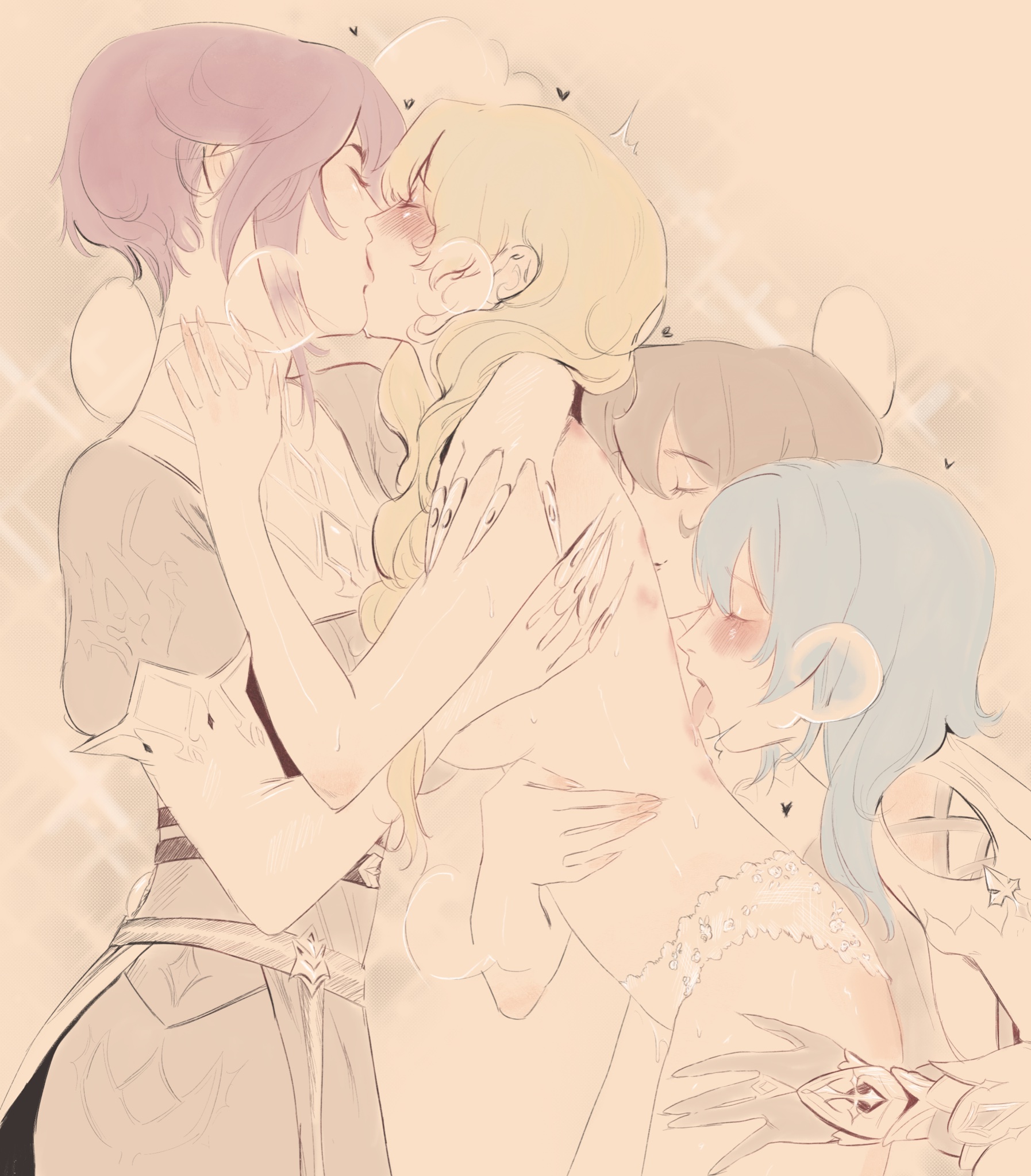 4girls, barbara (genshin impact), eula (genshin impact), female, female only, genshin impact, girls kissing, kissing, lesbian sex, light skin, light-skinned female, lisa (genshin impact), multiple females, multiple girls, nude, nun, odd0o99, panties, rosaria (genshin impact), yuri