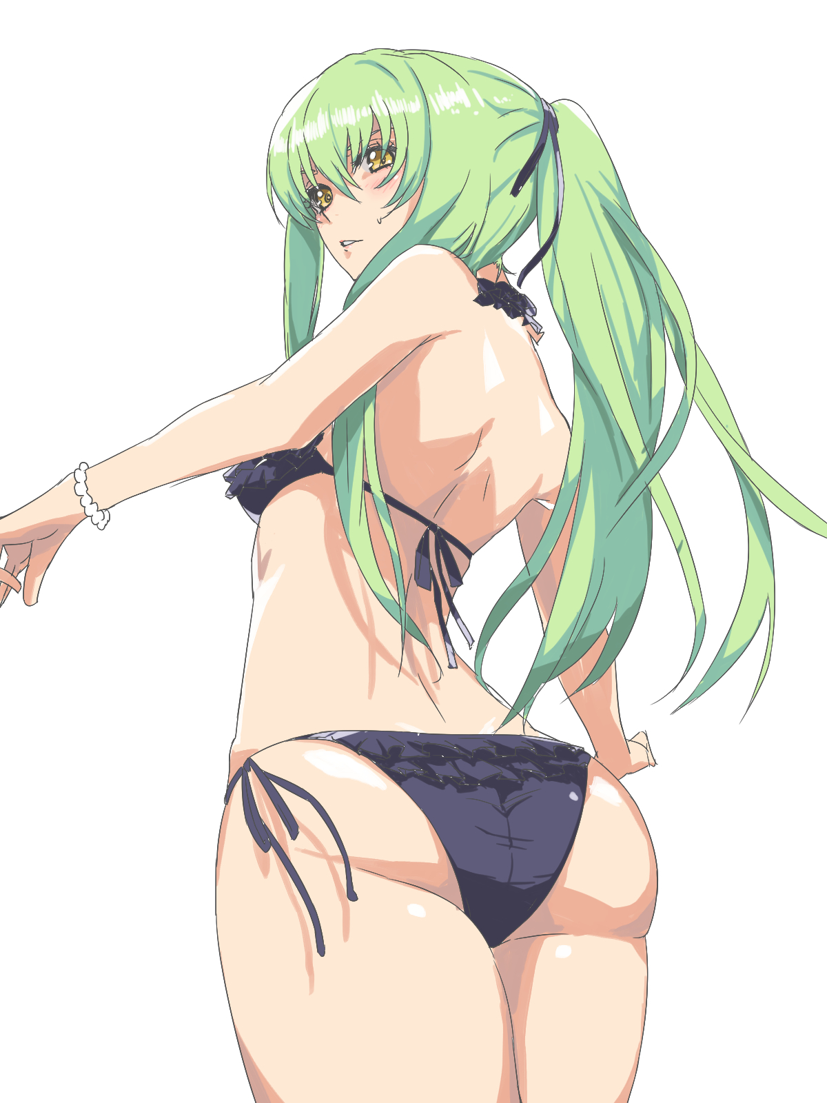 1girls, ass, back view, bikini, blush, breasts, c.c., chikkinage nage, code geass, female, green hair, light skin, light-skinned female, long hair, looking at viewer, ponytail, small breasts, solo, swimsuit, yellow eyes