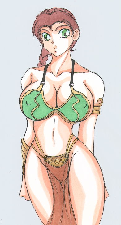 1girls armlet artist_request belly_dancer belly_dancer_outfit braided_hair brown_hair cleavage enslaved_royal female female_only femsub harem_girl harem_outfit huge_breasts loincloth long_hair princess_leia_organa return_of_the_jedi slave slave_bikini slave_collar slave_leia slave_outfit slavegirl solo star_wars submissive voluptuous wrong_eye_color