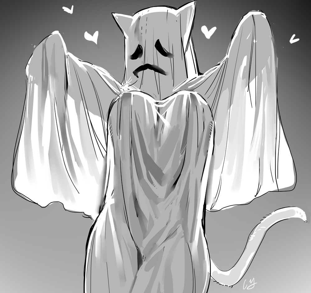 bedsheet_ghost big_breasts black_and_white cat_ears cat_tail catgirl club3 female_focus female_only ghost_costume halloween nipples_visible_through_clothing single_female solo standing