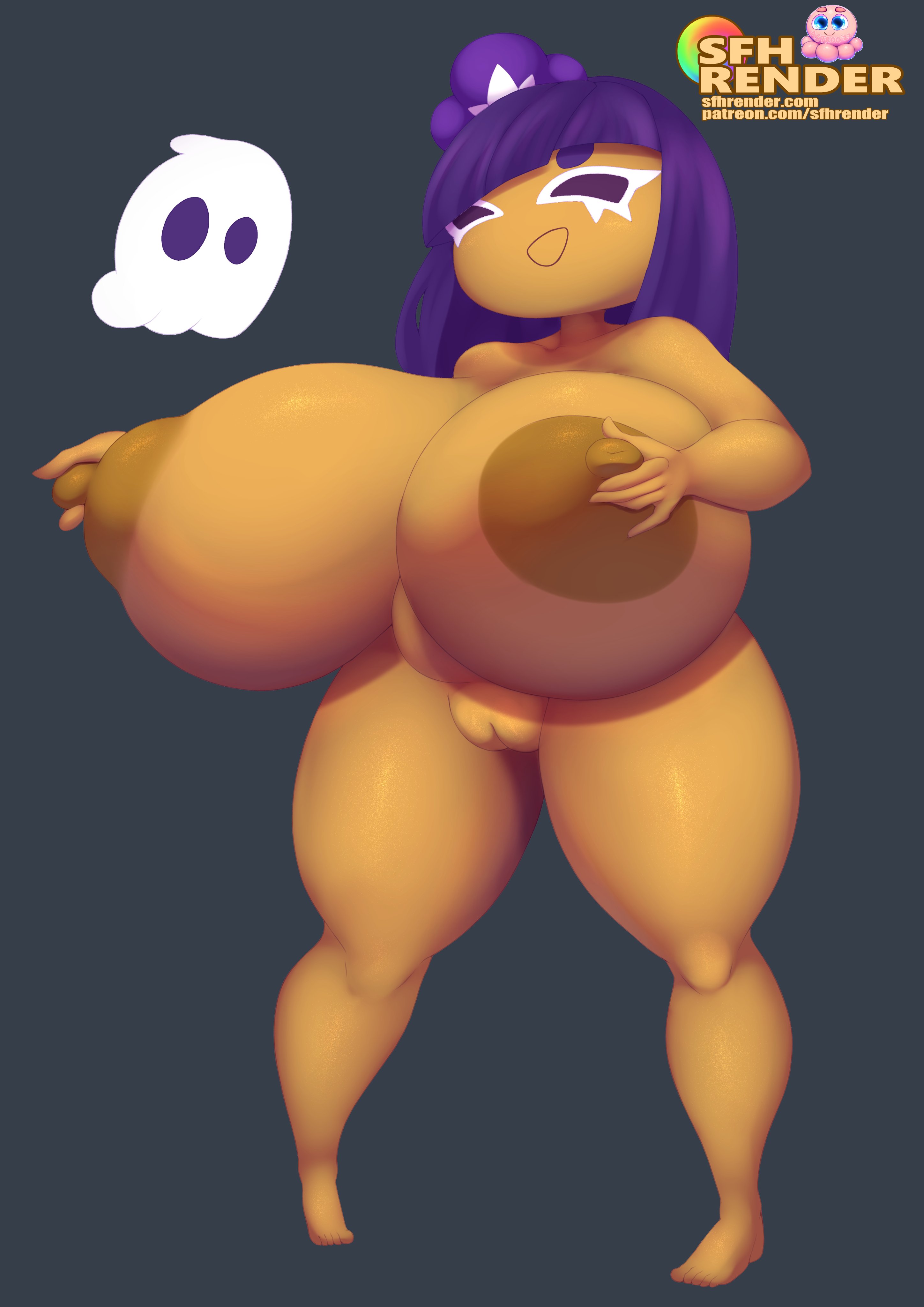 1girls, areola, areolae, big breasts, big thighs, blackberry cookie, breasts, completely nude, cookie, cookie run, female, female only, full body, ghost, huge breasts, naked, naked female, nipples, nude, nude female, pinching nipples, plump labia, purple hair, pussy, snaart, solo, solo female, tagme, thighs