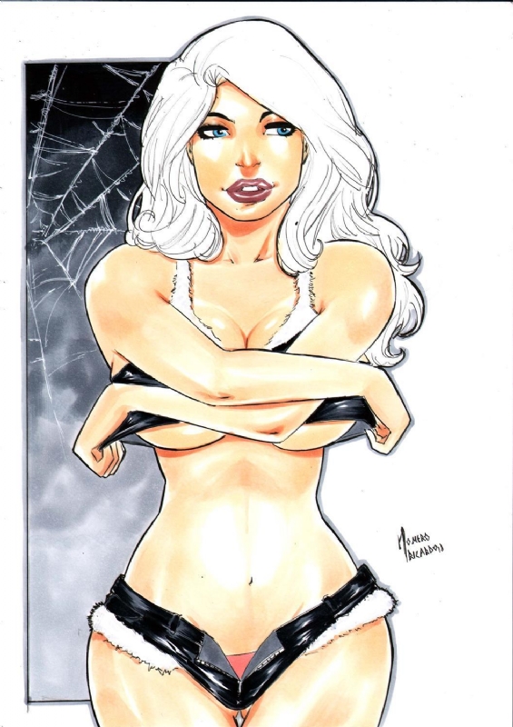 1girls big_breasts black_cat_(marvel) blue_eyes ed_benes_studio felicia_hardy female female_only highres homero_ricardo long_hair looking_at_viewer marvel marvel_comics nipple_bulge red_lipstick solo spider-man_(series) tagme undressing white_hair