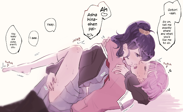 2girls, asahina mafuyu, blush, english text, female, female only, miyamasuzaka girls' academy school uniform, multiple females, multiple girls, ootori emu, pink hair, project sekai, purple hair, school uniform, yuri